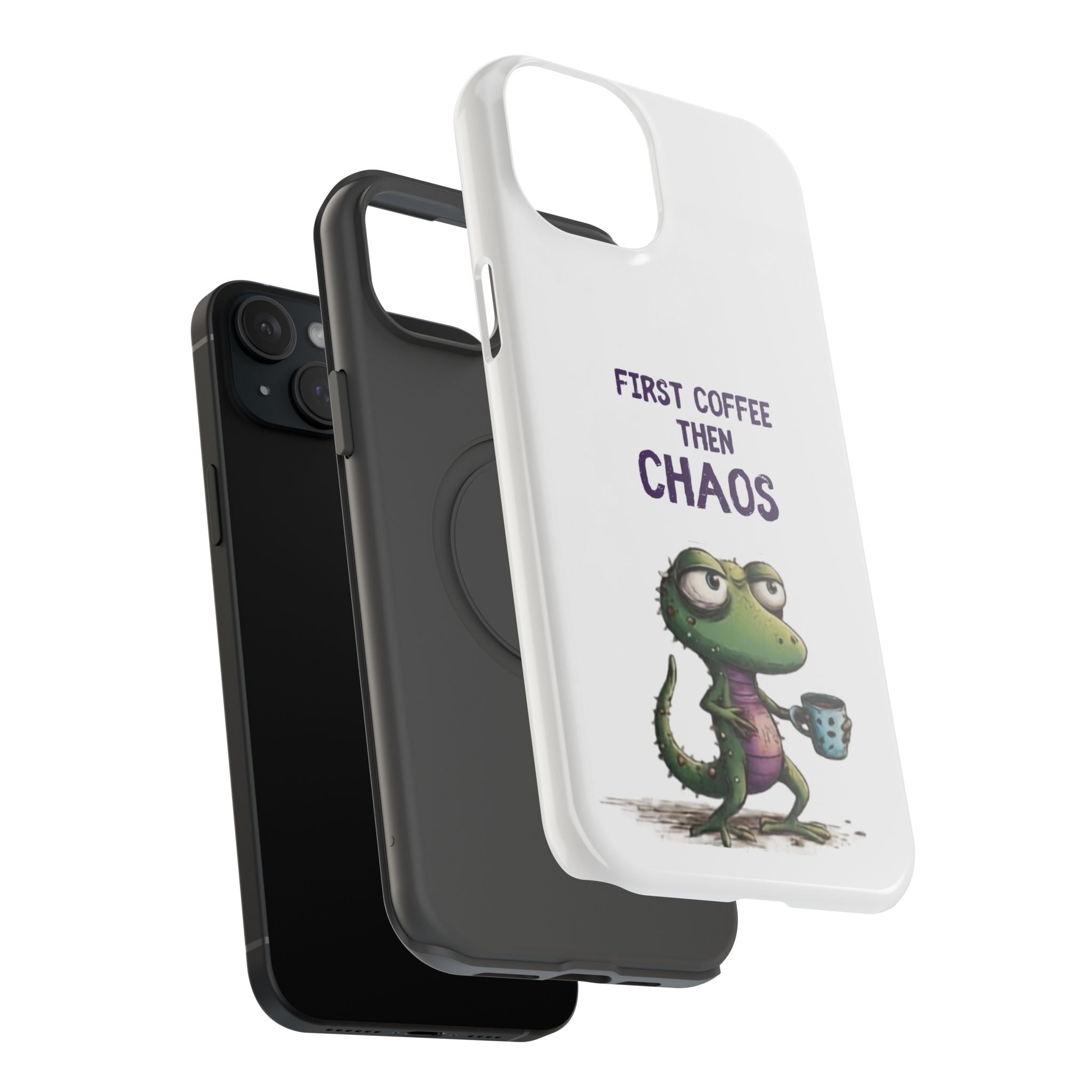 Impact-Resistant Phone Case — "First Coffee Then Chaos" Cute Lizard Coffee Design