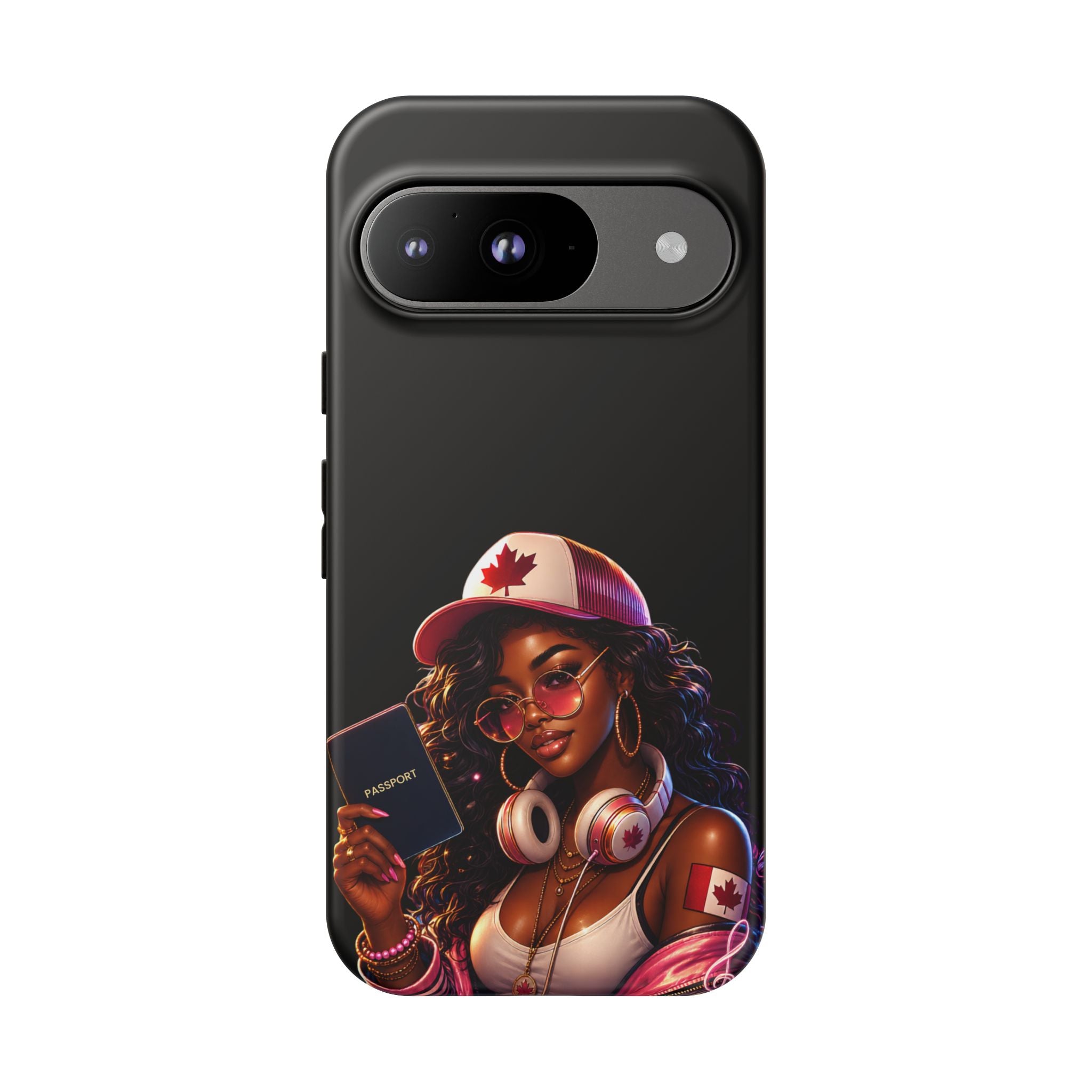 Canadian Vibes Phone Case — Afrobeat Girl with Headphones & Passport Design