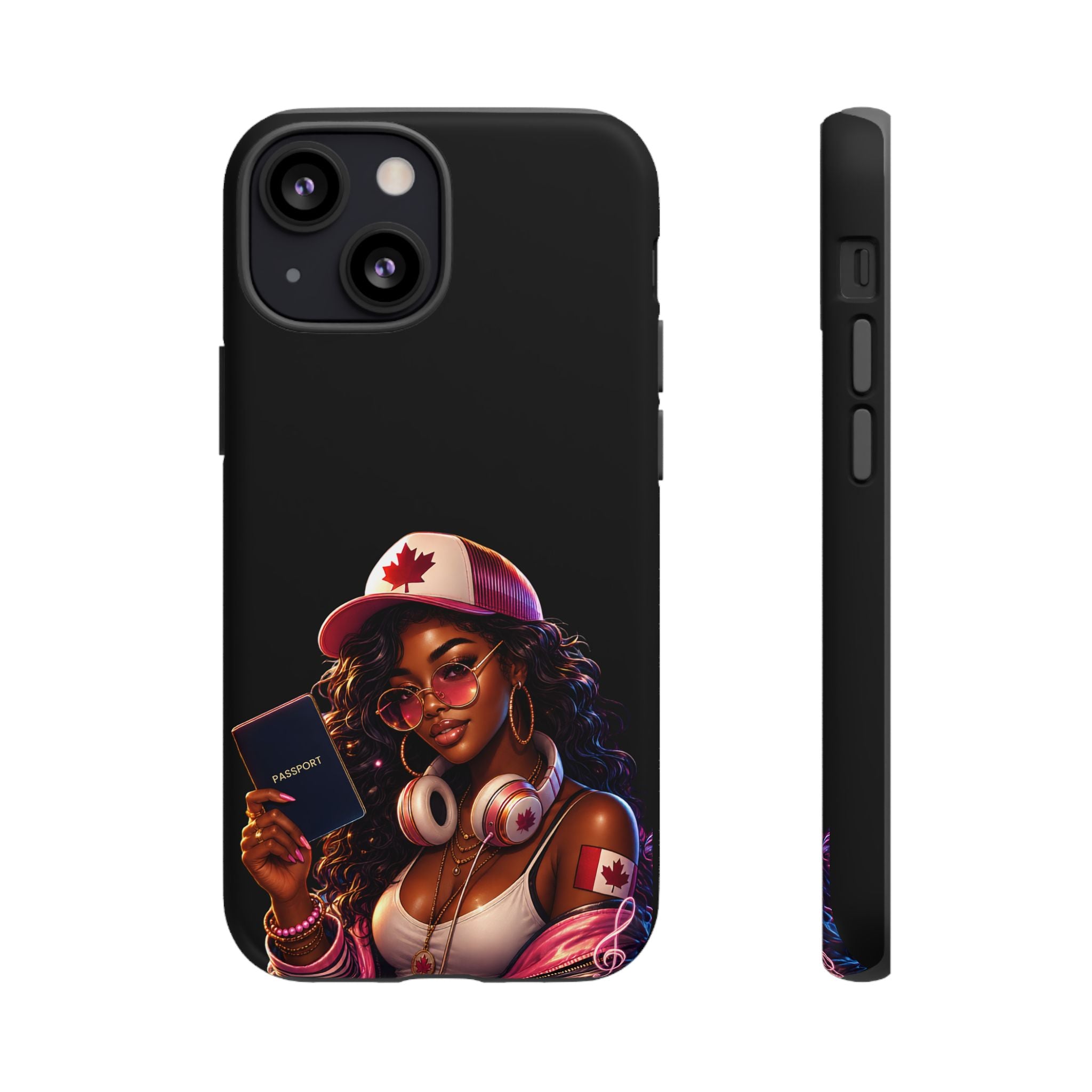 Canadian Vibes Phone Case — Afrobeat Girl with Headphones & Passport Design