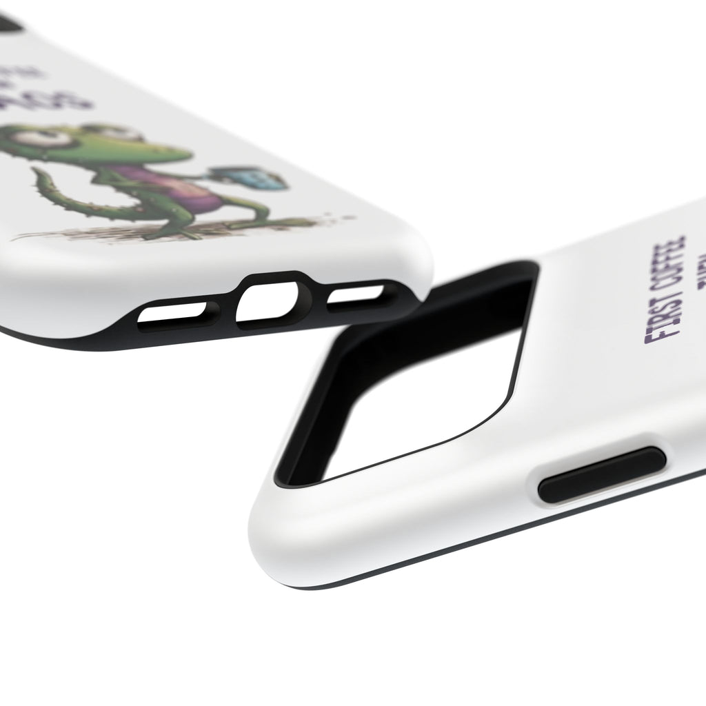 Impact-Resistant Phone Case — "First Coffee Then Chaos" Cute Lizard Coffee Design