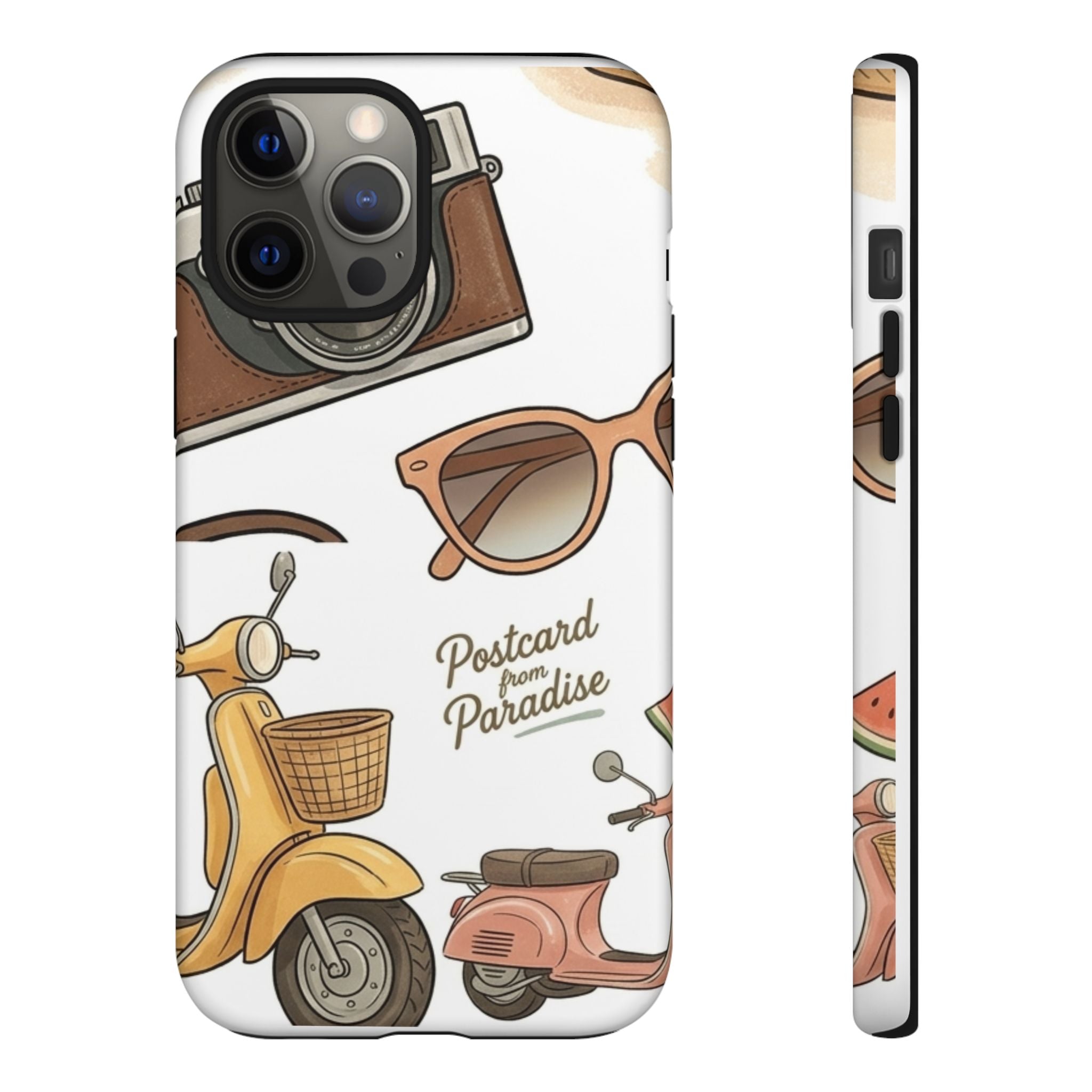 Vintage Summer Beach Phone Case — Feminine Travel Pattern with Cameras, Sunglasses & Scooter