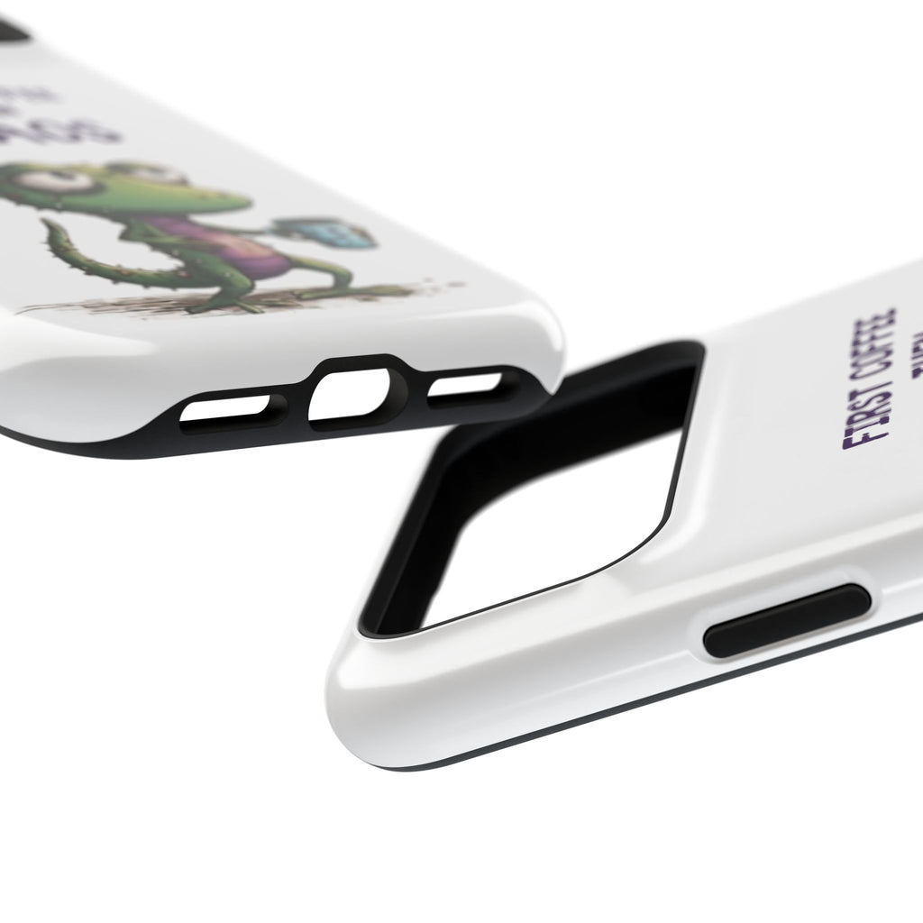 Impact-Resistant Phone Case — "First Coffee Then Chaos" Cute Lizard Coffee Design