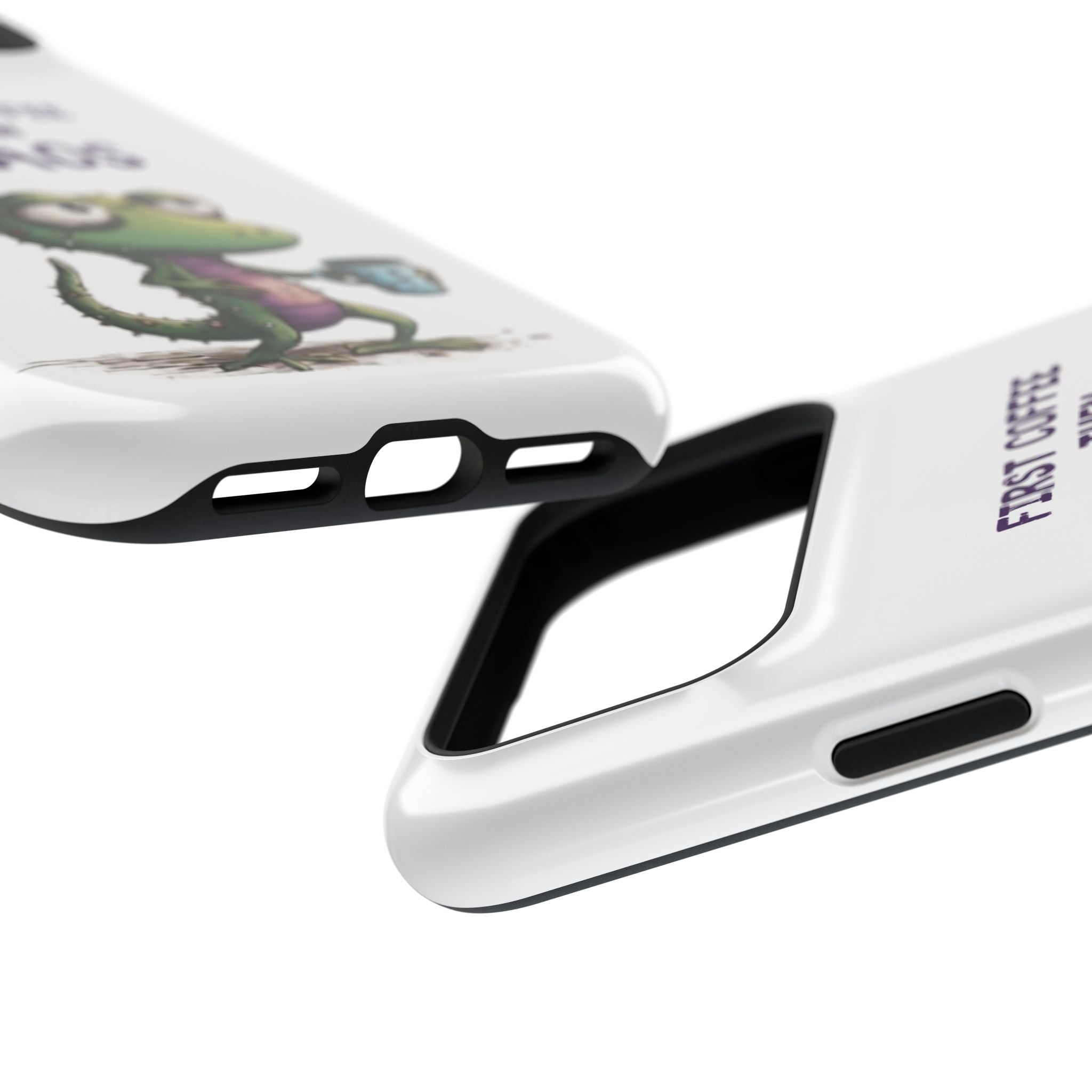 Impact-Resistant Phone Case — "First Coffee Then Chaos" Cute Lizard Coffee Design