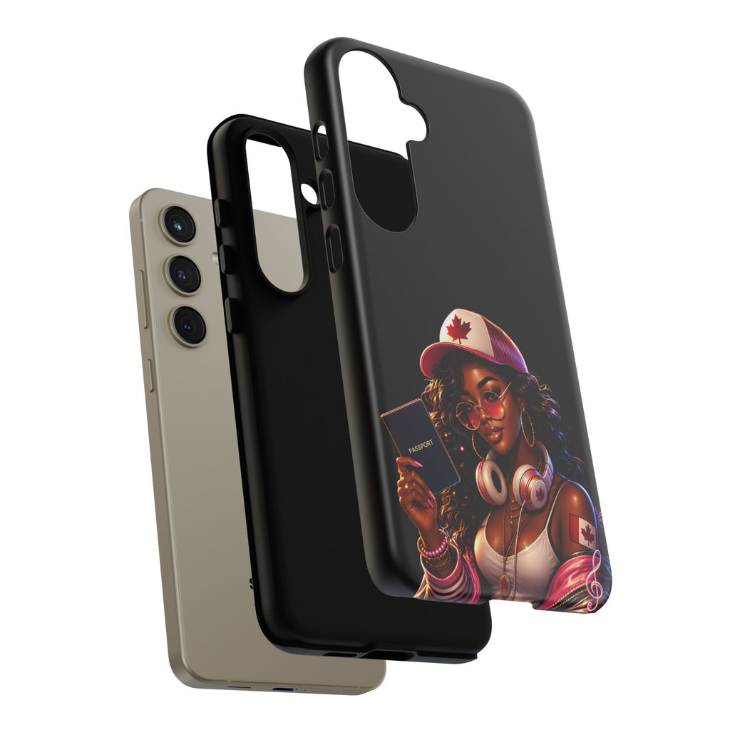 Canadian Vibes Phone Case — Afrobeat Girl with Headphones & Passport Design