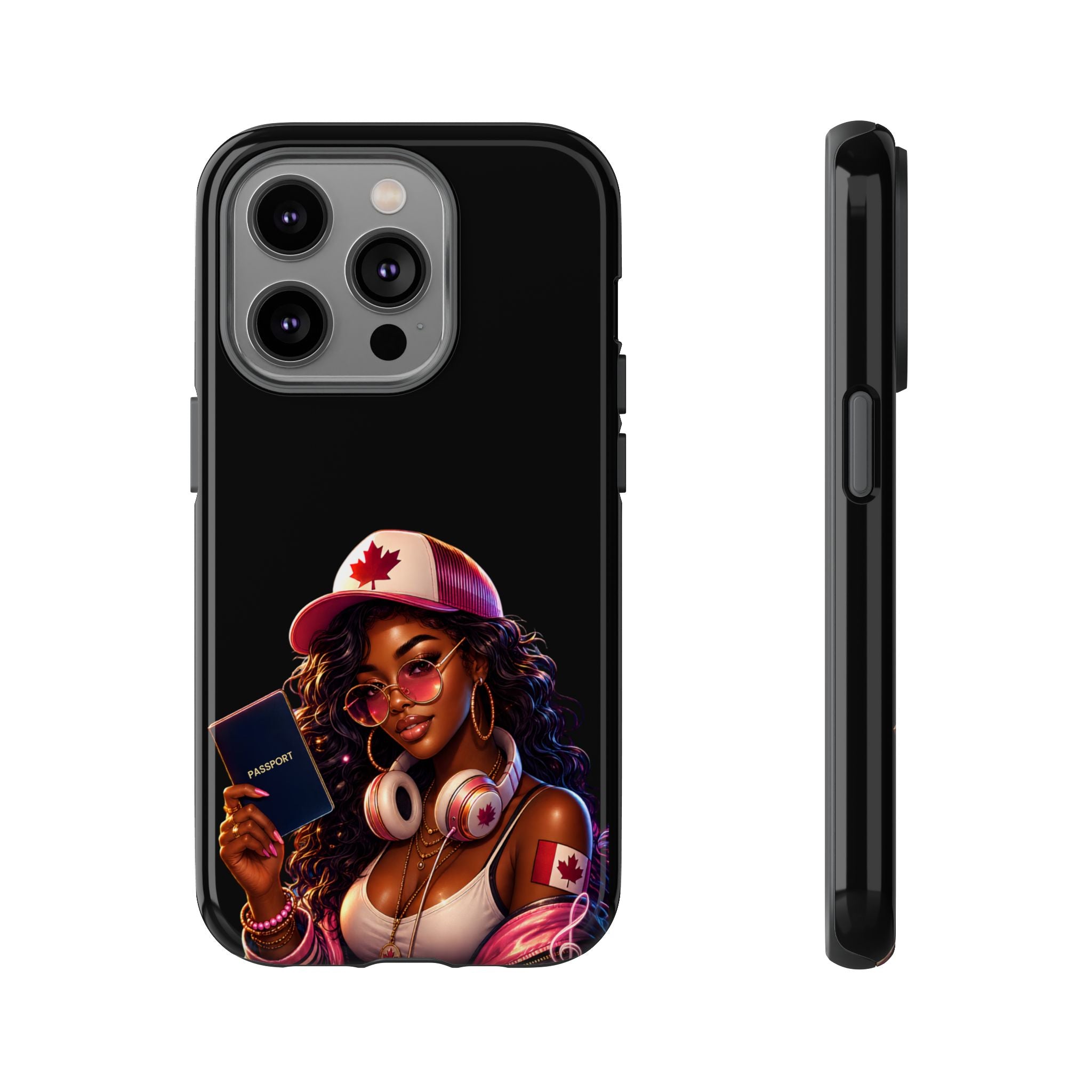 Canadian Vibes Phone Case — Afrobeat Girl with Headphones & Passport Design