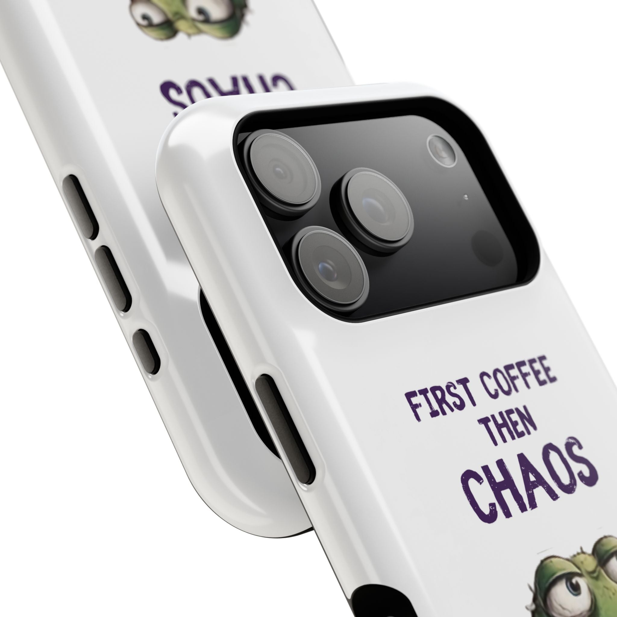 Impact-Resistant Phone Case — "First Coffee Then Chaos" Cute Lizard Coffee Design