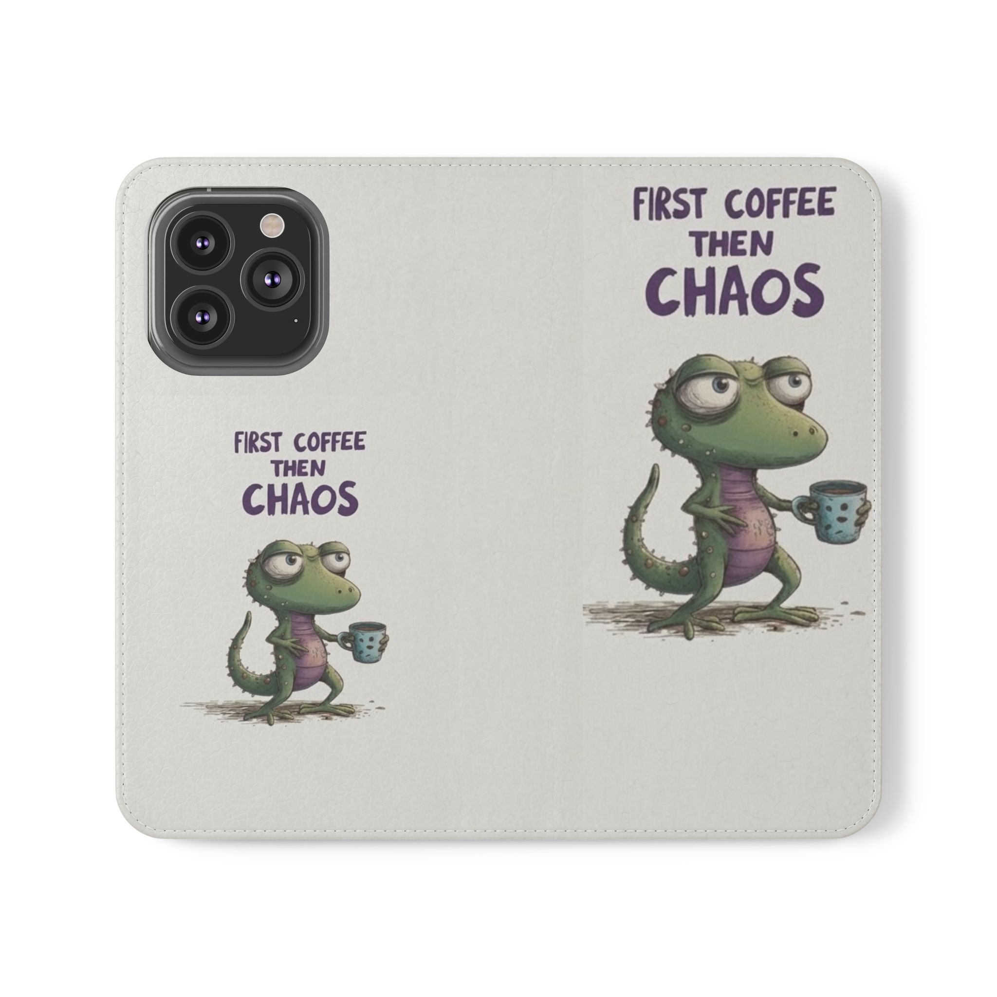 Flip Case — "First Coffee Then Chaos" Cute Dino Phone Wallet
