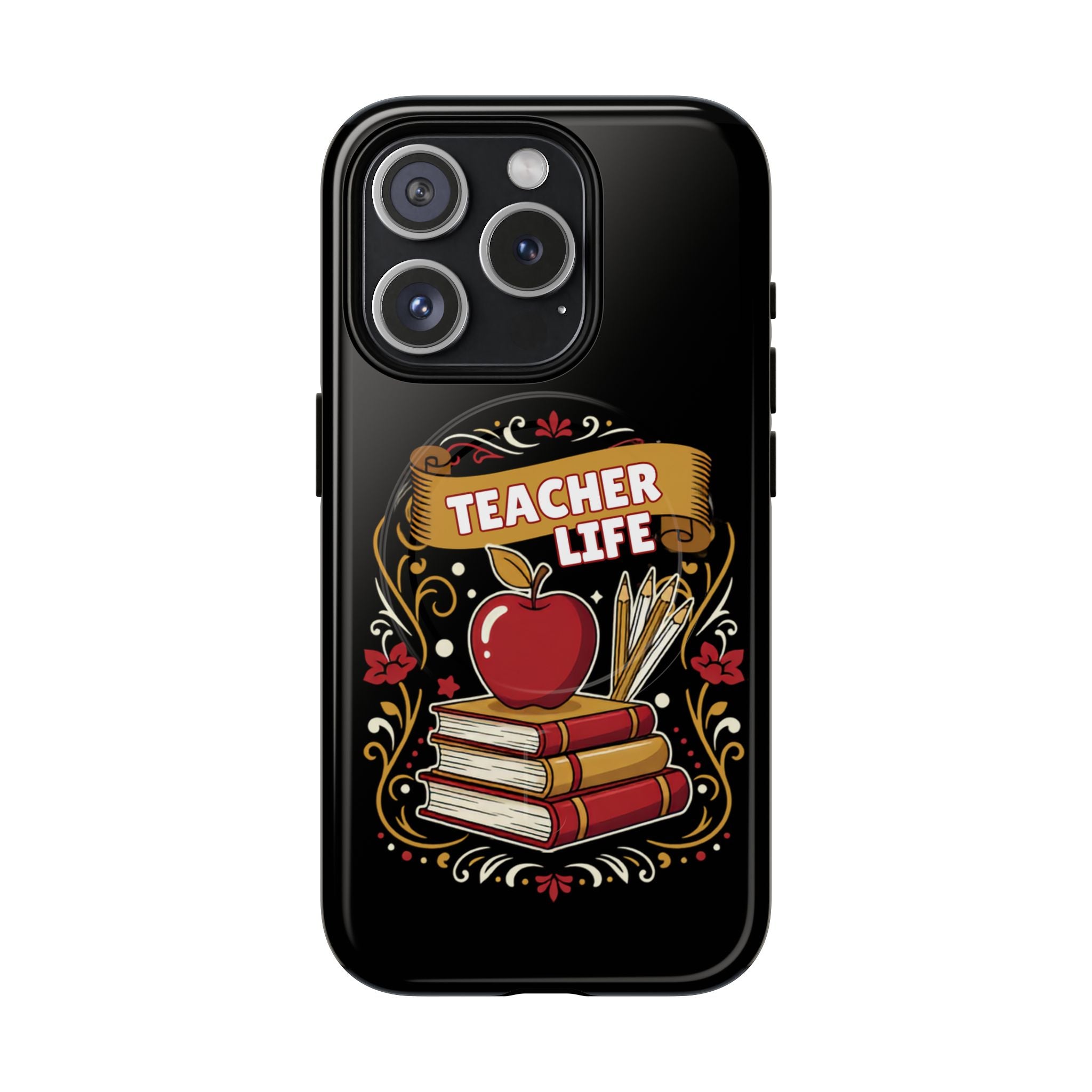 Teacher Life Phone Case - Tough Magnetic Protective Cover with Apple & Books Design
