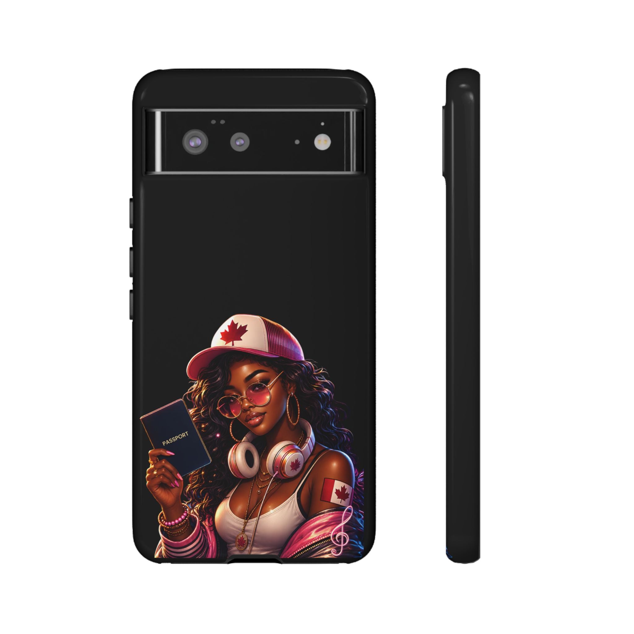 Canadian Vibes Phone Case — Afrobeat Girl with Headphones & Passport Design