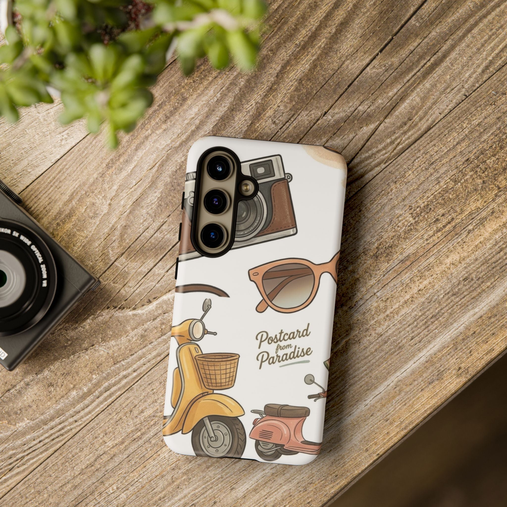 Vintage Summer Beach Phone Case — Feminine Travel Pattern with Cameras, Sunglasses & Scooter