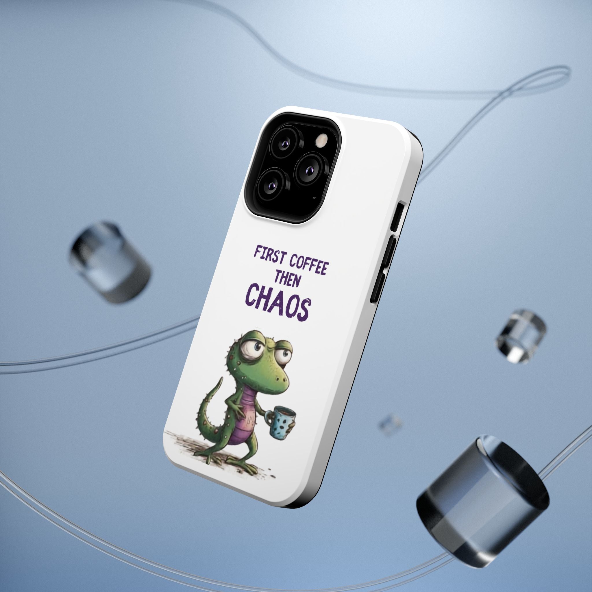 Impact-Resistant Phone Case — "First Coffee Then Chaos" Cute Lizard Coffee Design