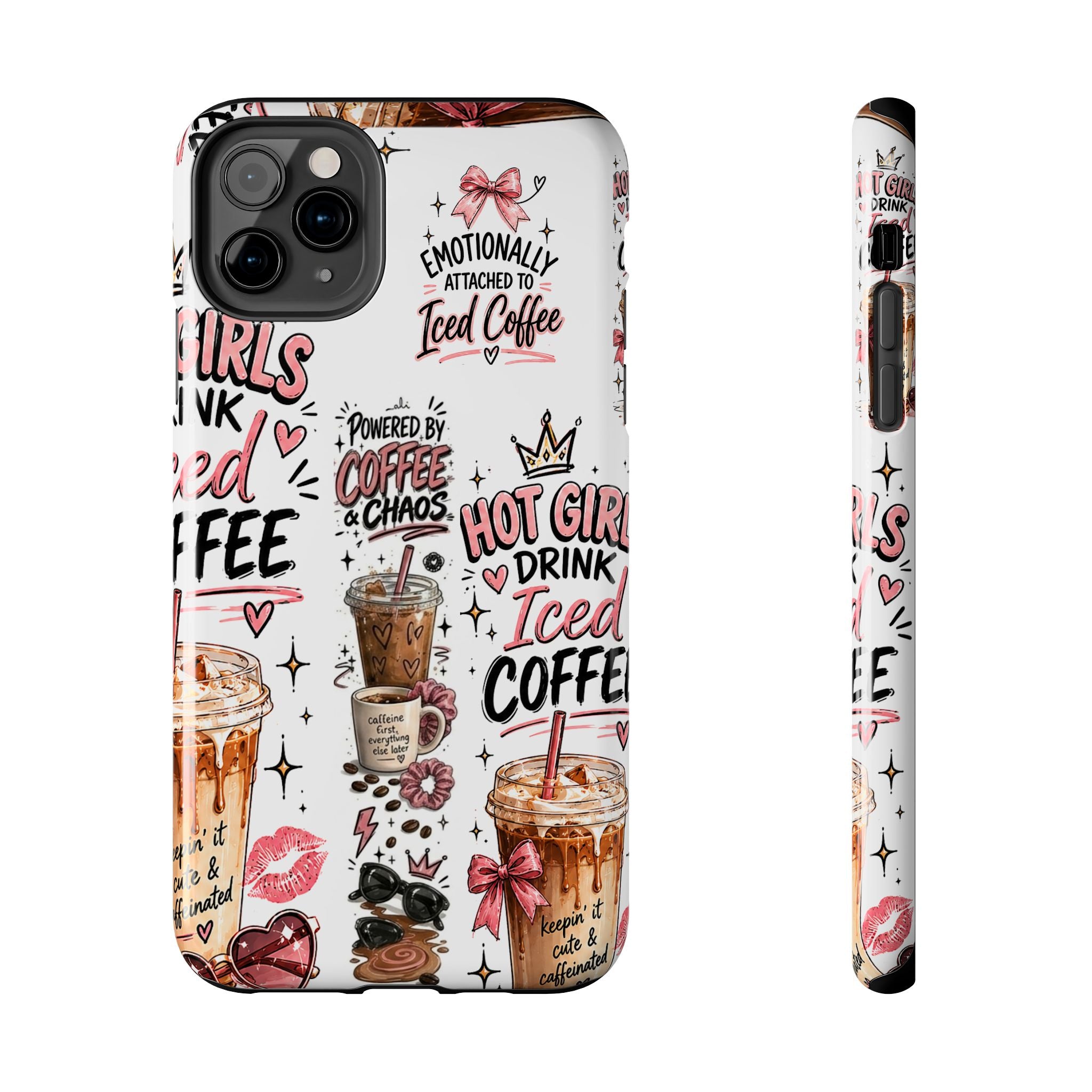 Iced Coffee Pattern Phone Case – "Powered by Coffee & Chaos" Tough Protective Case