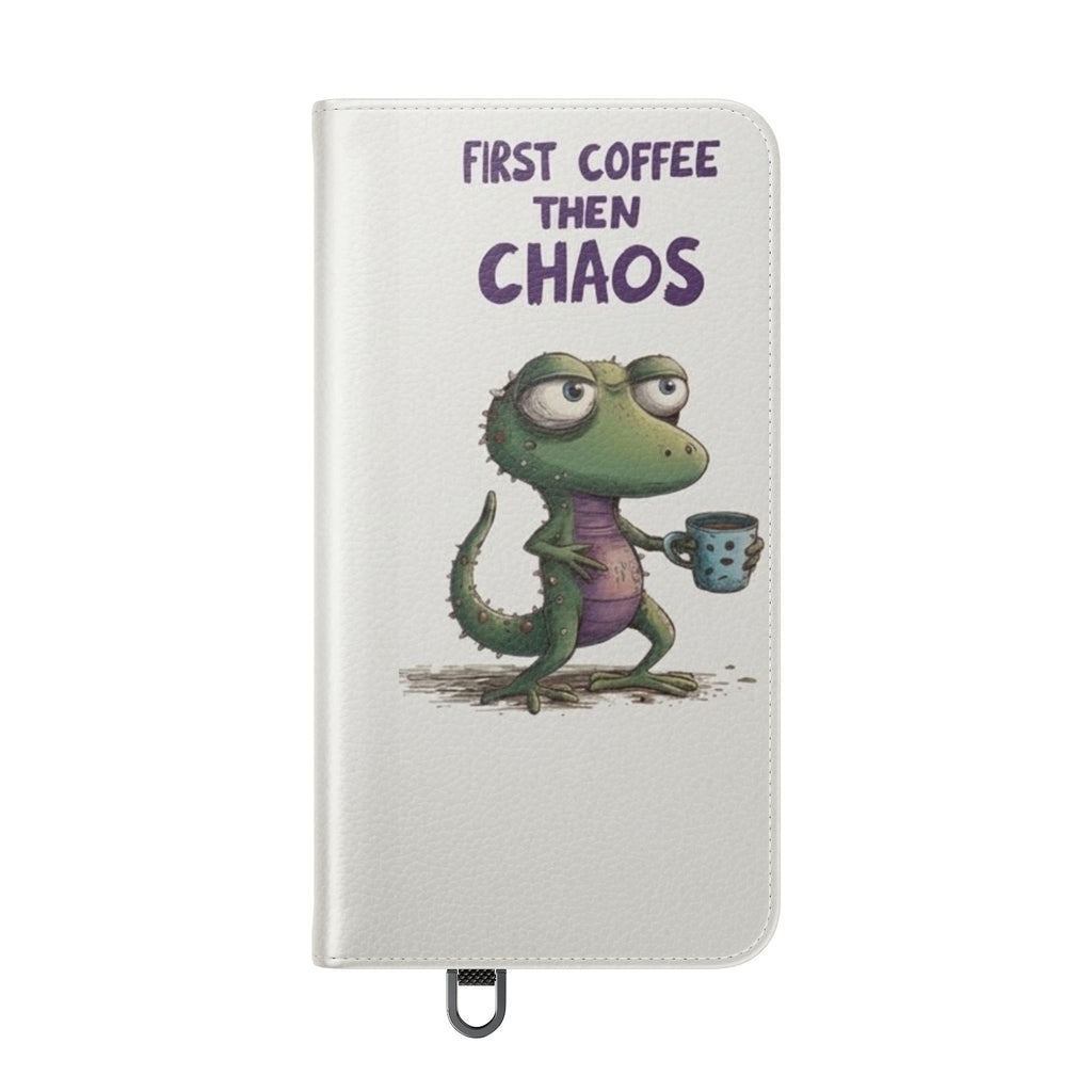 Flip Case — "First Coffee Then Chaos" Cute Dino Phone Wallet
