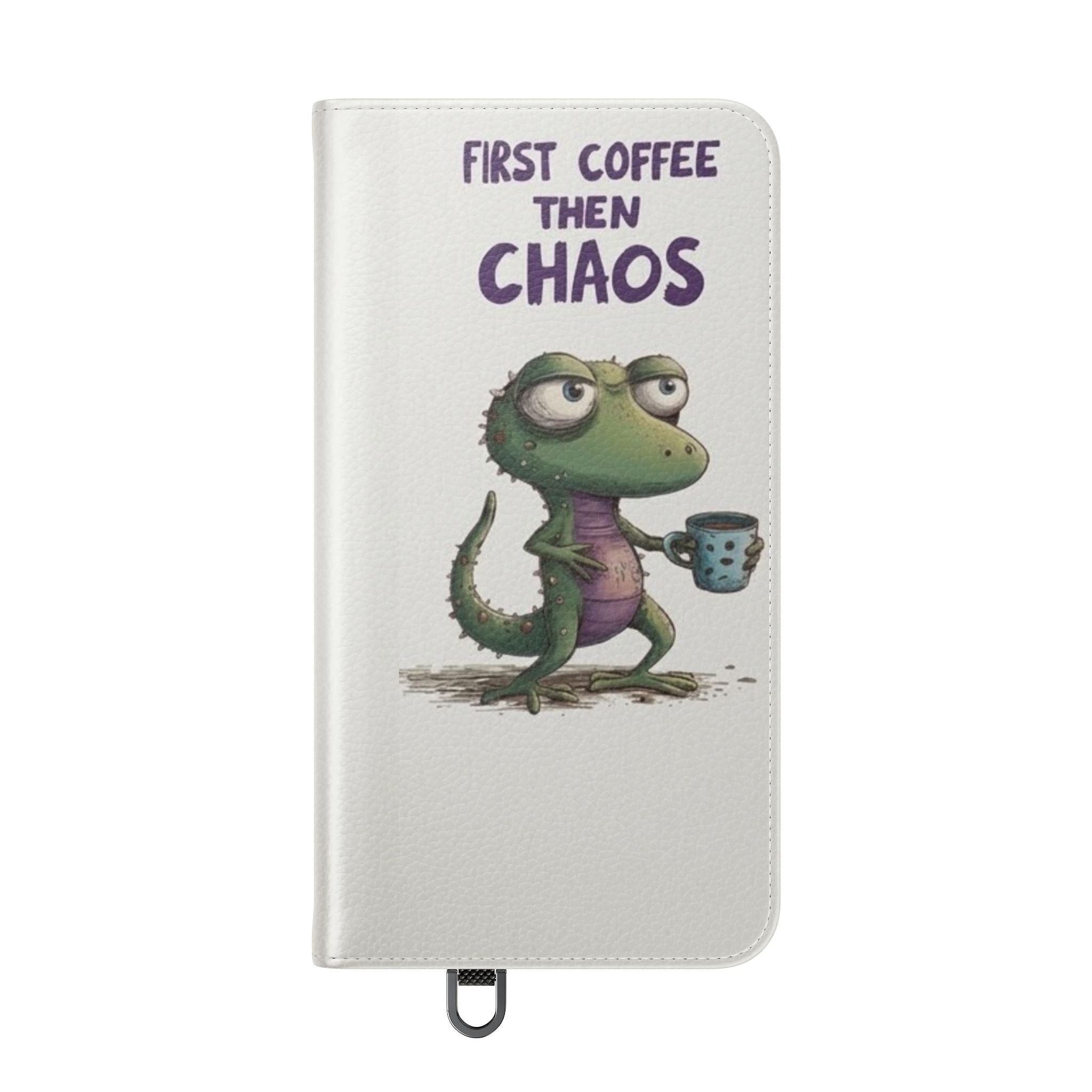 Flip Case — "First Coffee Then Chaos" Cute Dino Phone Wallet