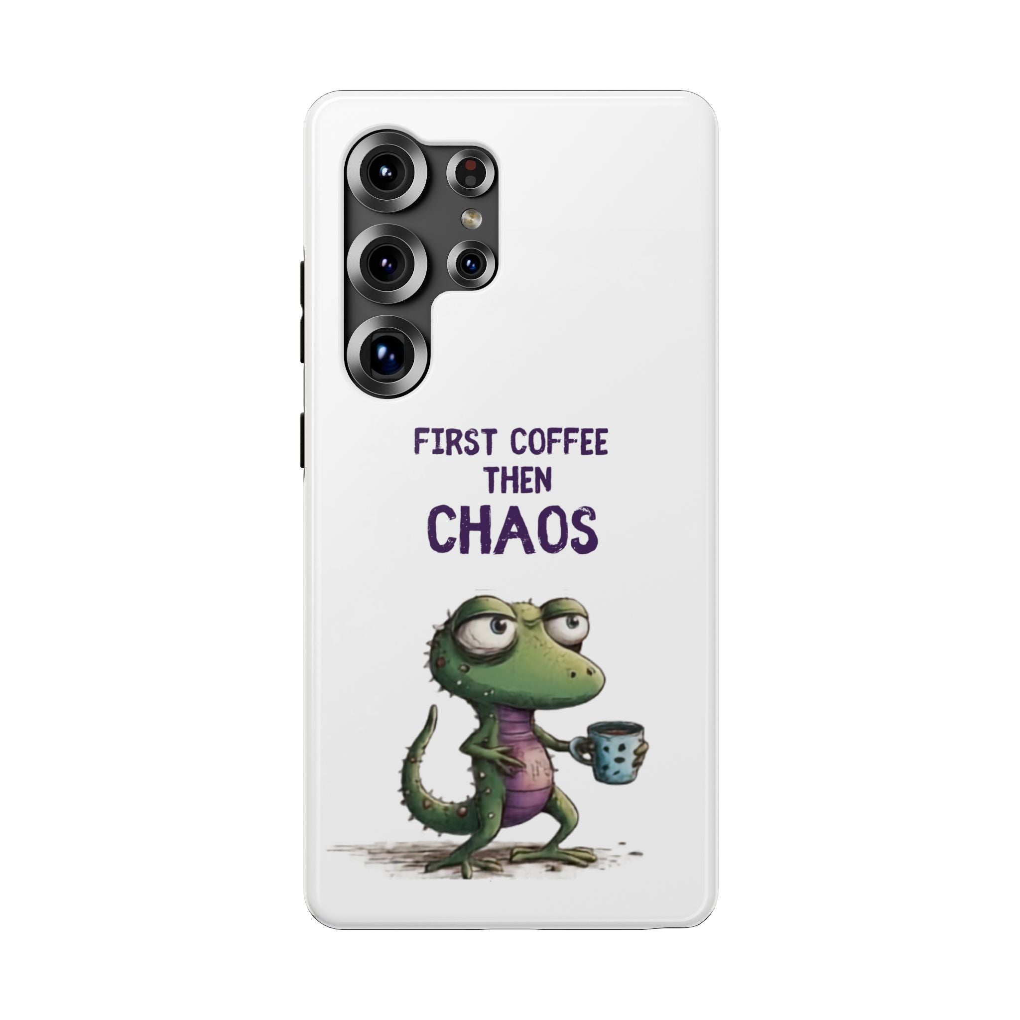 Impact-Resistant Phone Case — "First Coffee Then Chaos" Cute Lizard Coffee Design