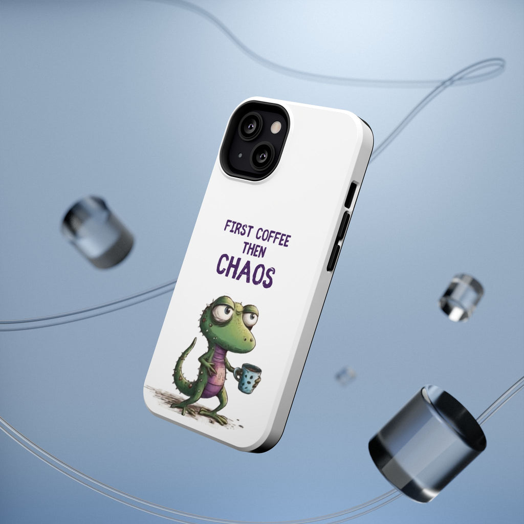 Impact-Resistant Phone Case — "First Coffee Then Chaos" Cute Lizard Coffee Design