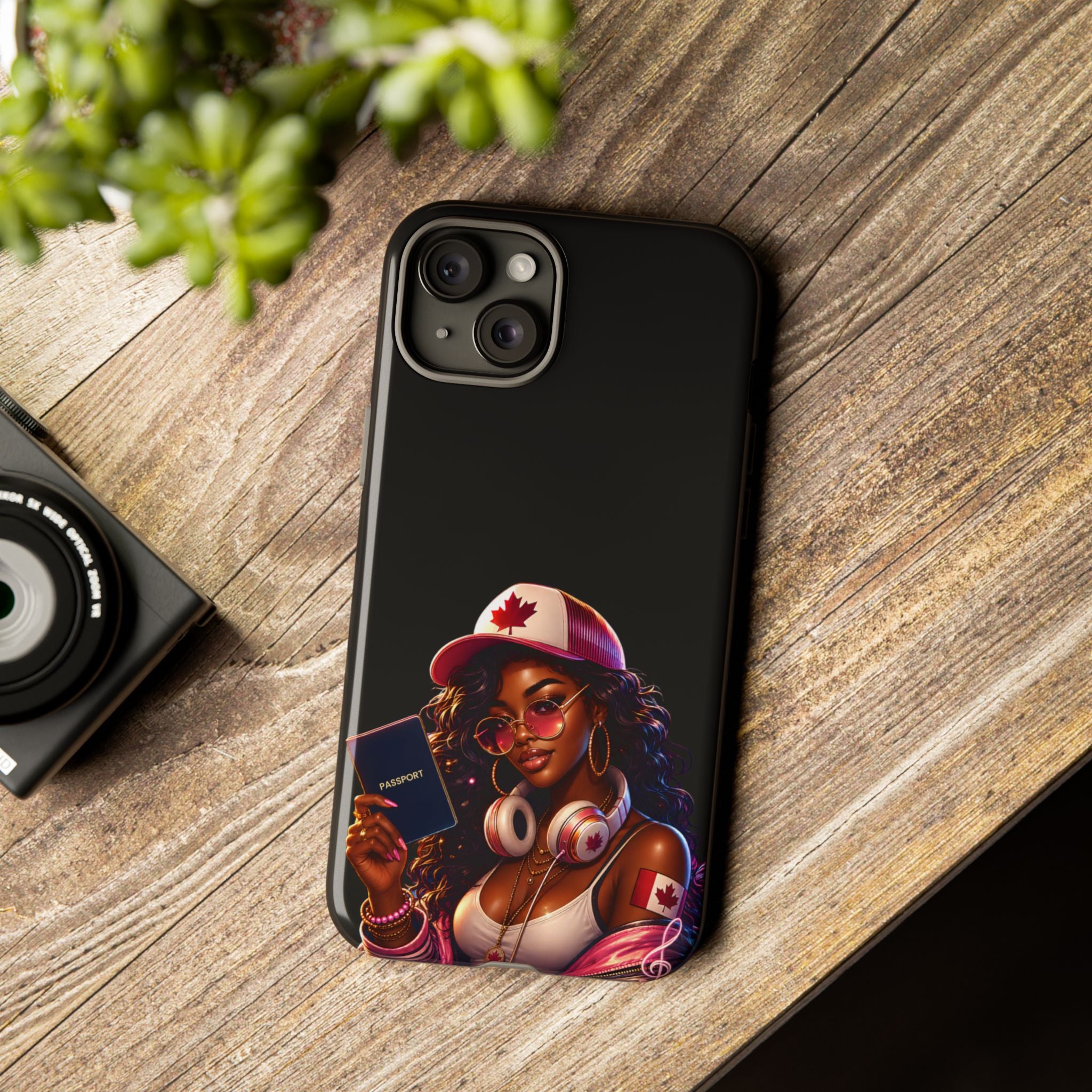 Canadian Vibes Phone Case — Afrobeat Girl with Headphones & Passport Design