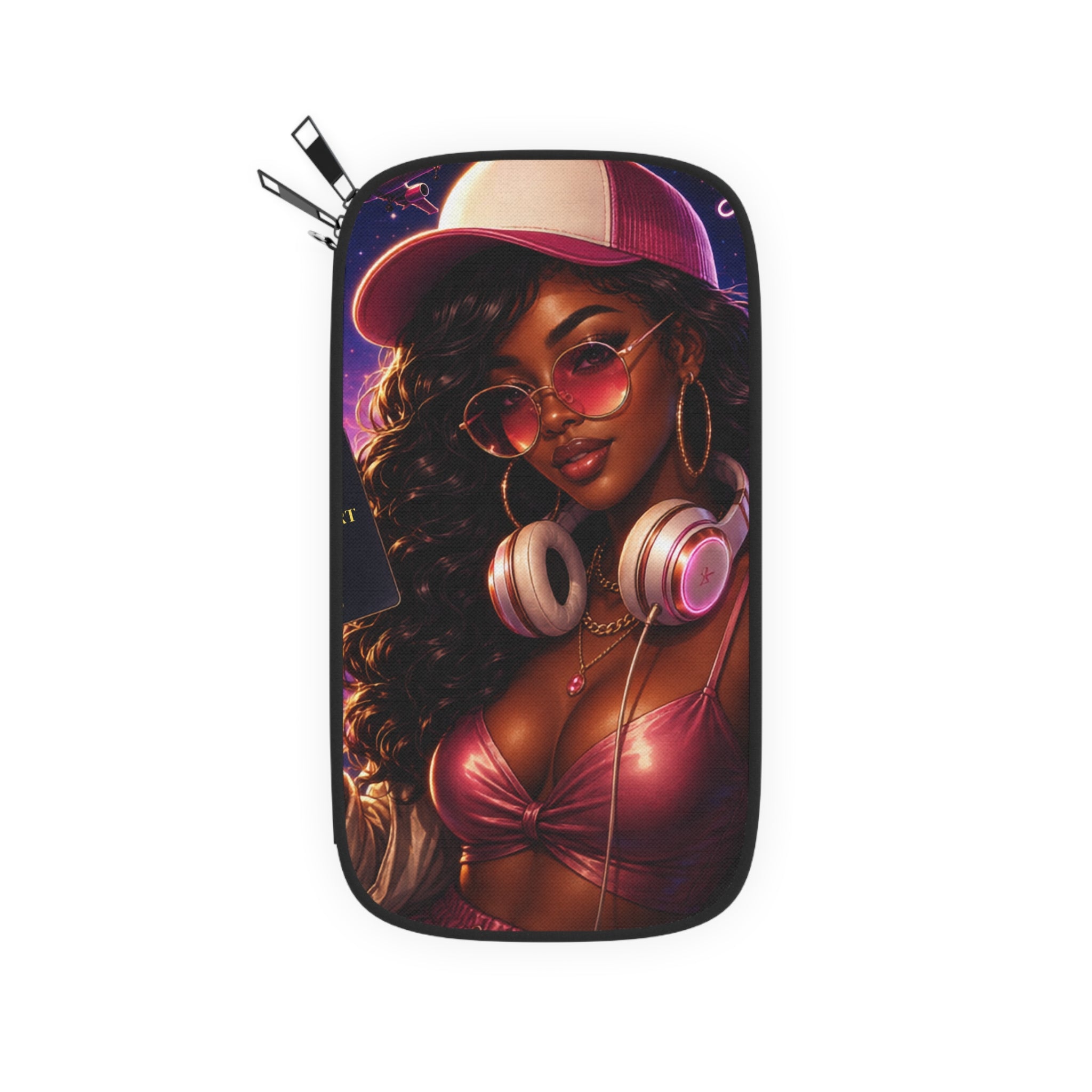 Stylish Afro Girl Passport Wallet – Pink Cap & Headphones Travel Pouch