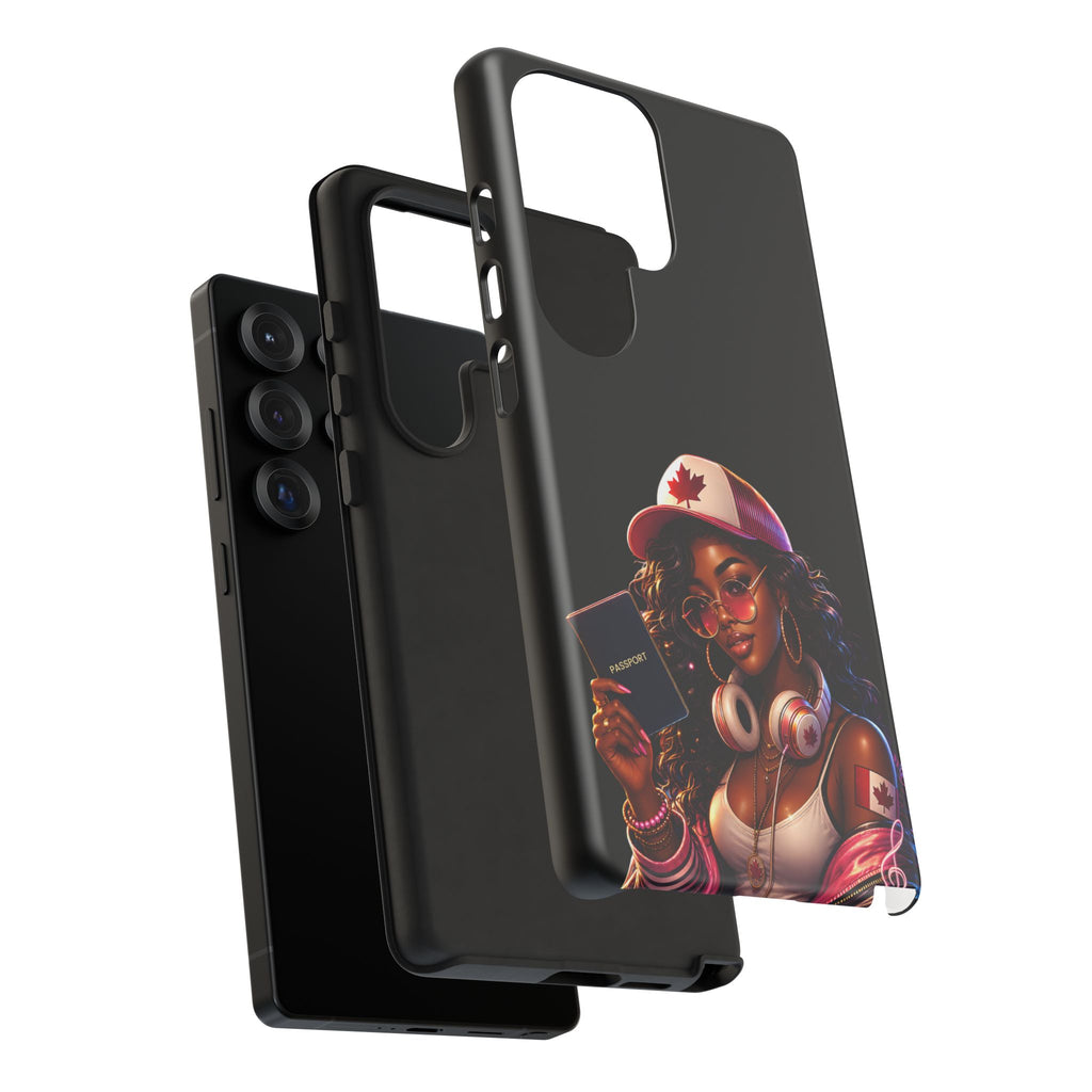 Canadian Vibes Phone Case — Afrobeat Girl with Headphones & Passport Design