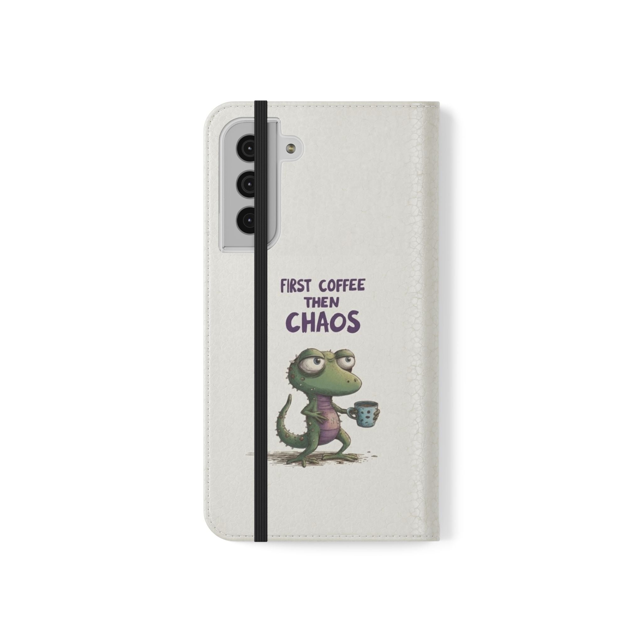 Flip Case — "First Coffee Then Chaos" Cute Dino Phone Wallet