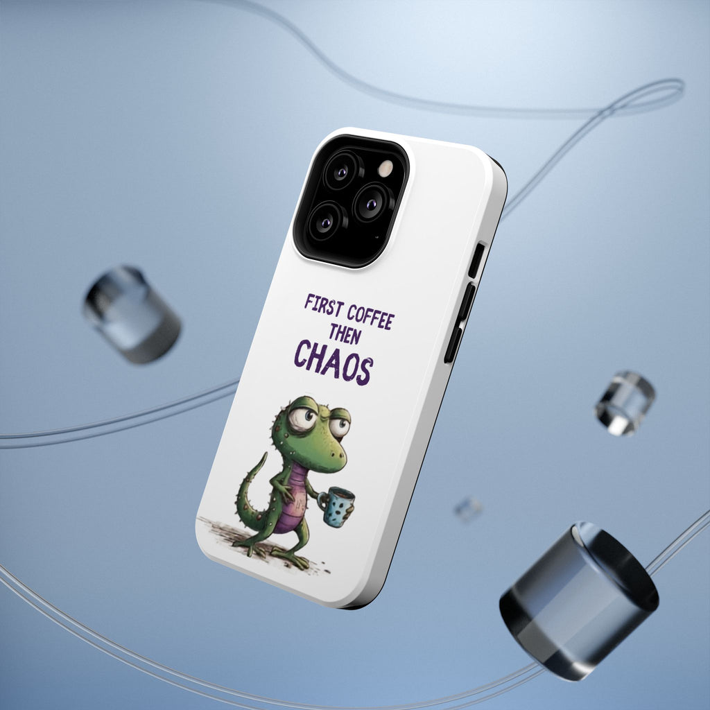 Impact-Resistant Phone Case — "First Coffee Then Chaos" Cute Lizard Coffee Design