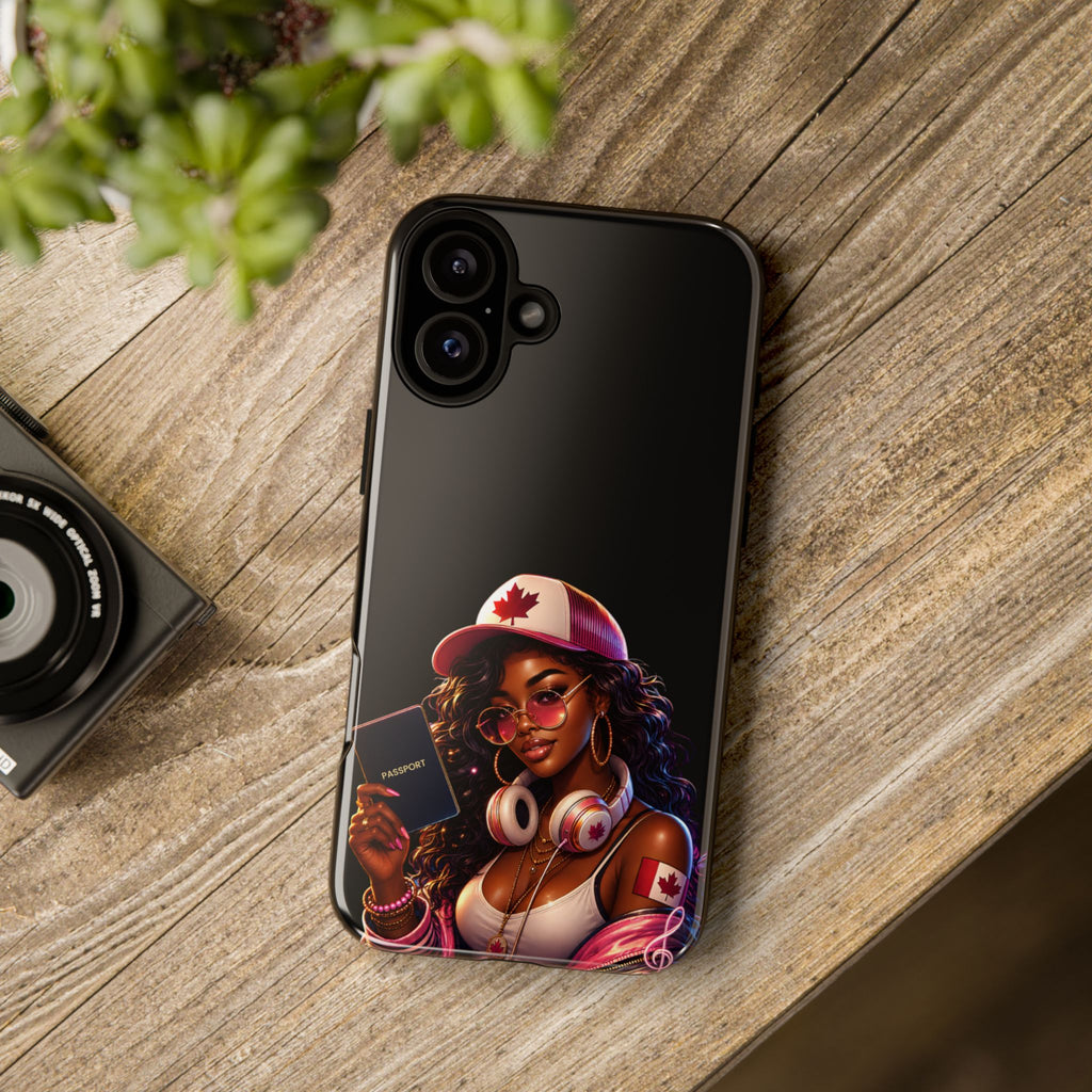 Canadian Vibes Phone Case — Afrobeat Girl with Headphones & Passport Design