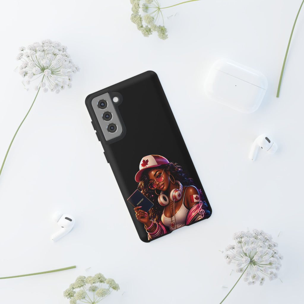 Canadian Vibes Phone Case — Afrobeat Girl with Headphones & Passport Design