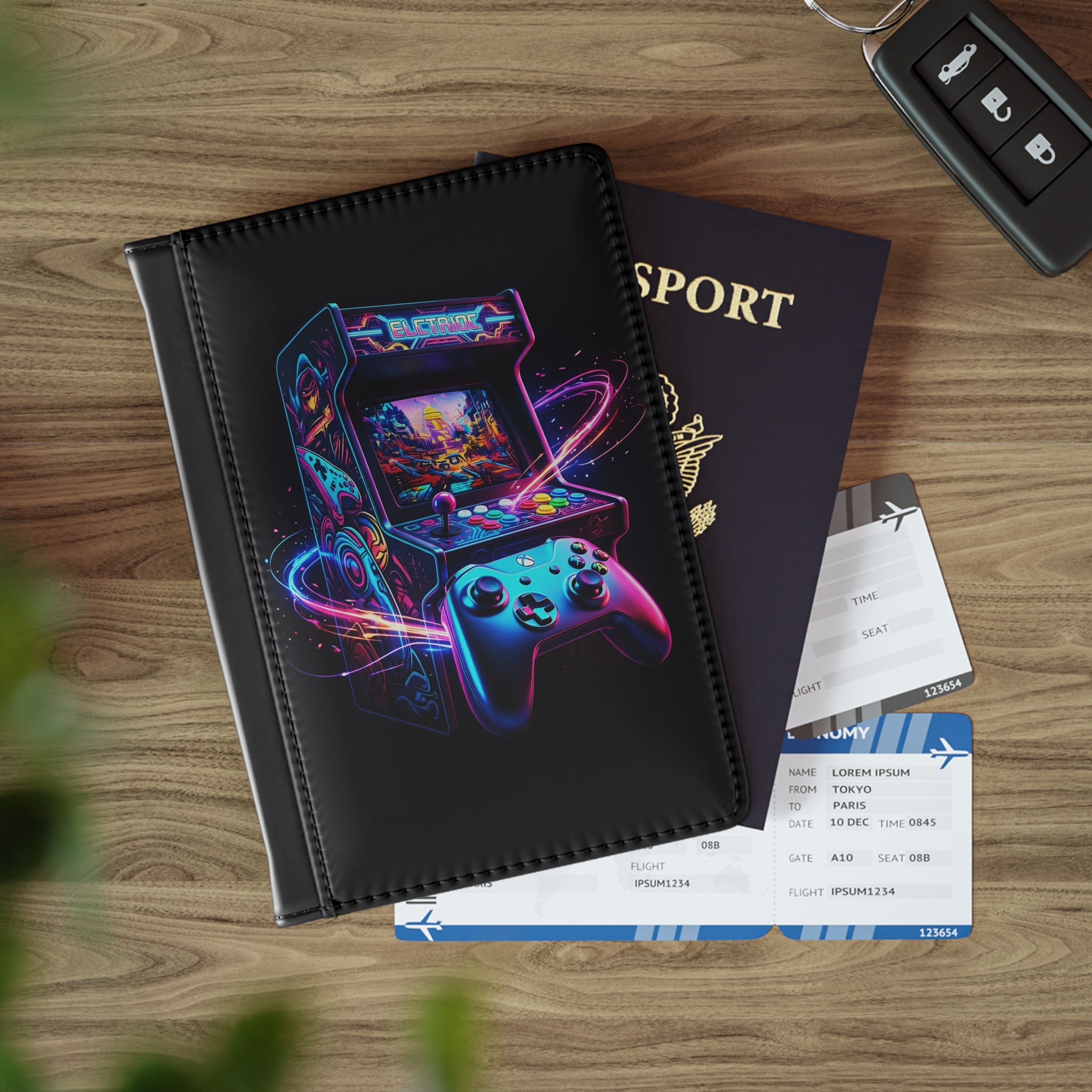 Gamer Arcade Passport Cover — Neon Retro Arcade Console Design