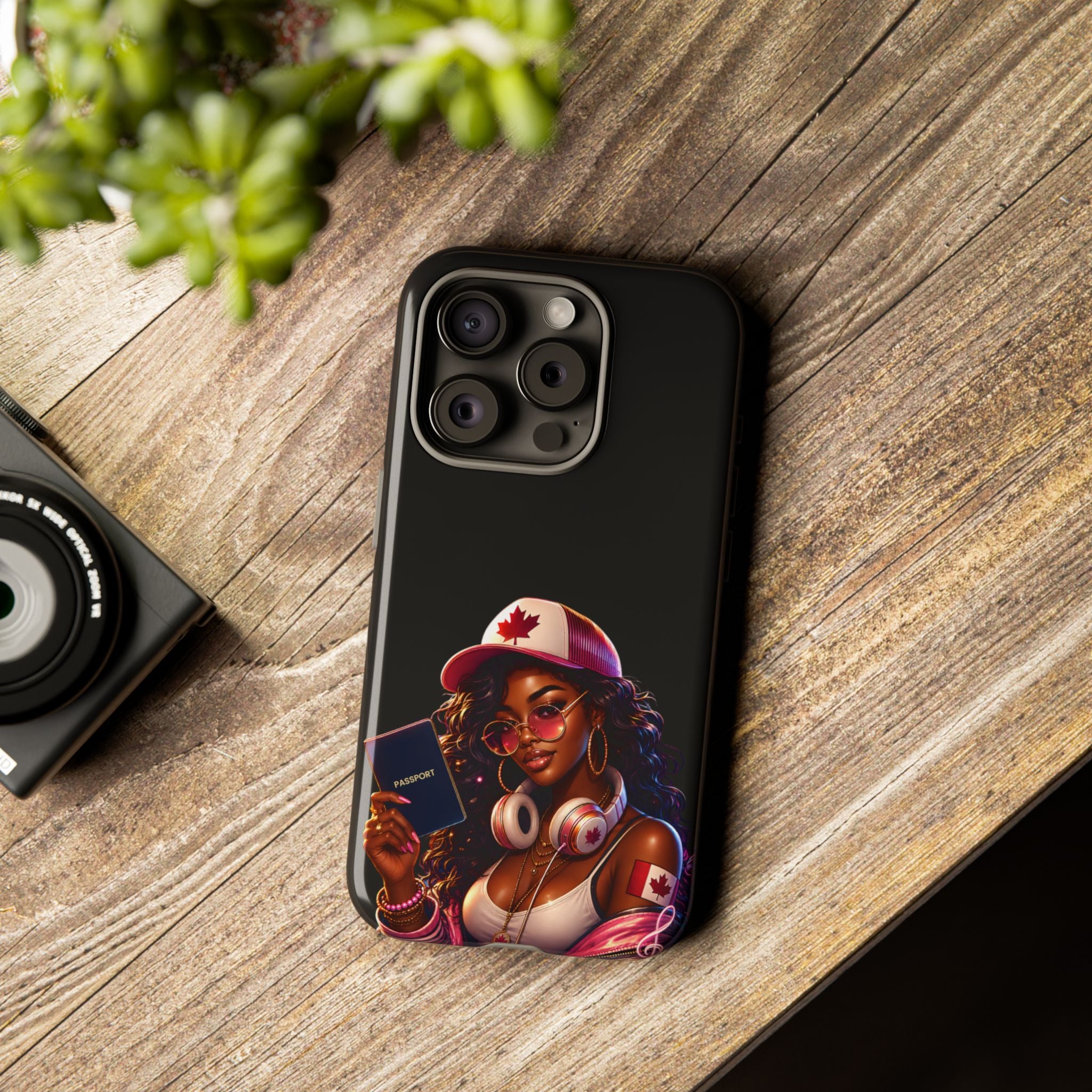 Canadian Vibes Phone Case — Afrobeat Girl with Headphones & Passport Design