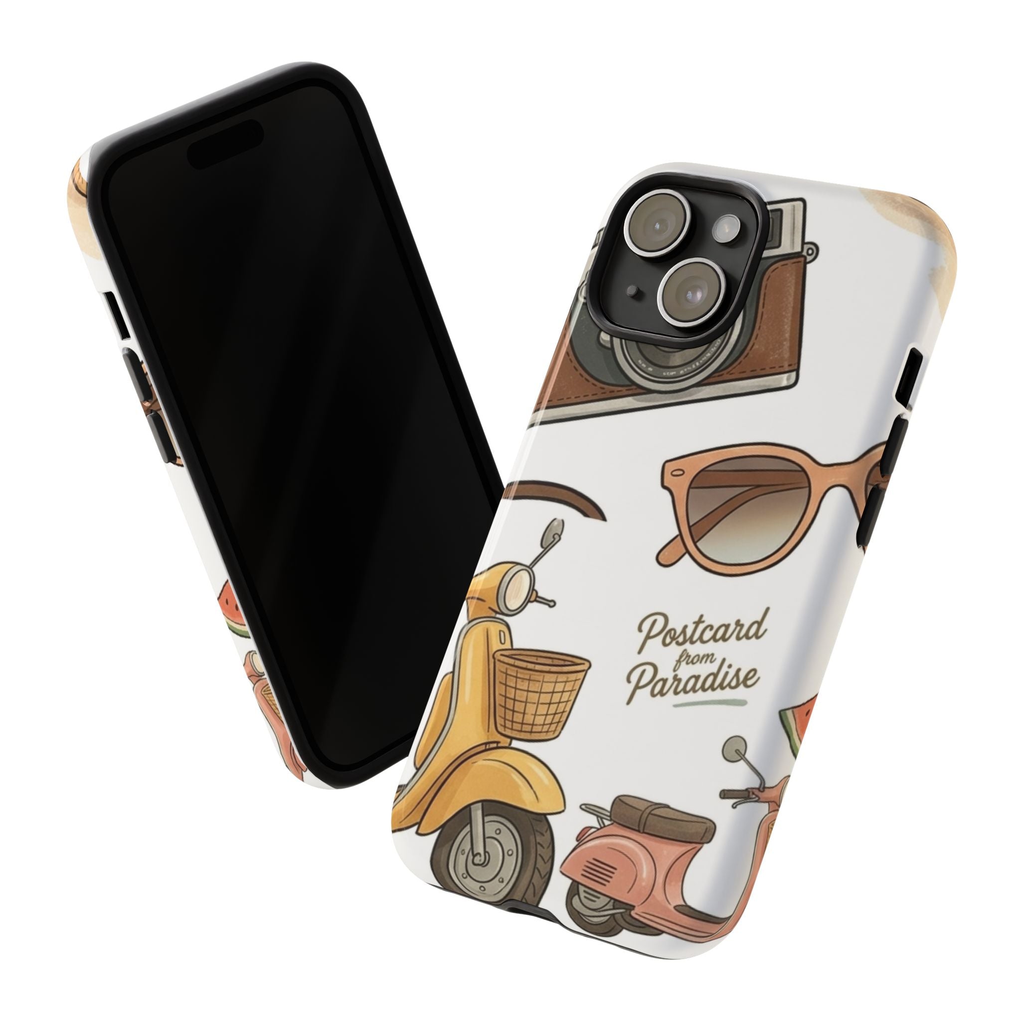 Vintage Summer Beach Phone Case — Feminine Travel Pattern with Cameras, Sunglasses & Scooter