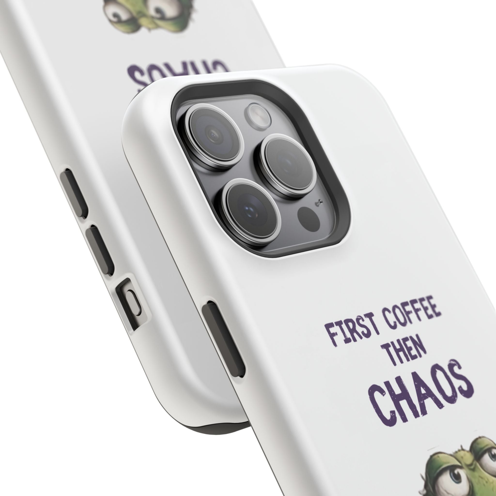 Impact-Resistant Phone Case — "First Coffee Then Chaos" Cute Lizard Coffee Design