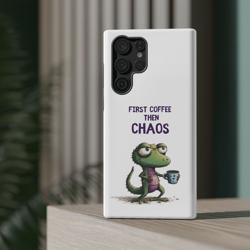 Impact-Resistant Phone Case — "First Coffee Then Chaos" Cute Lizard Coffee Design