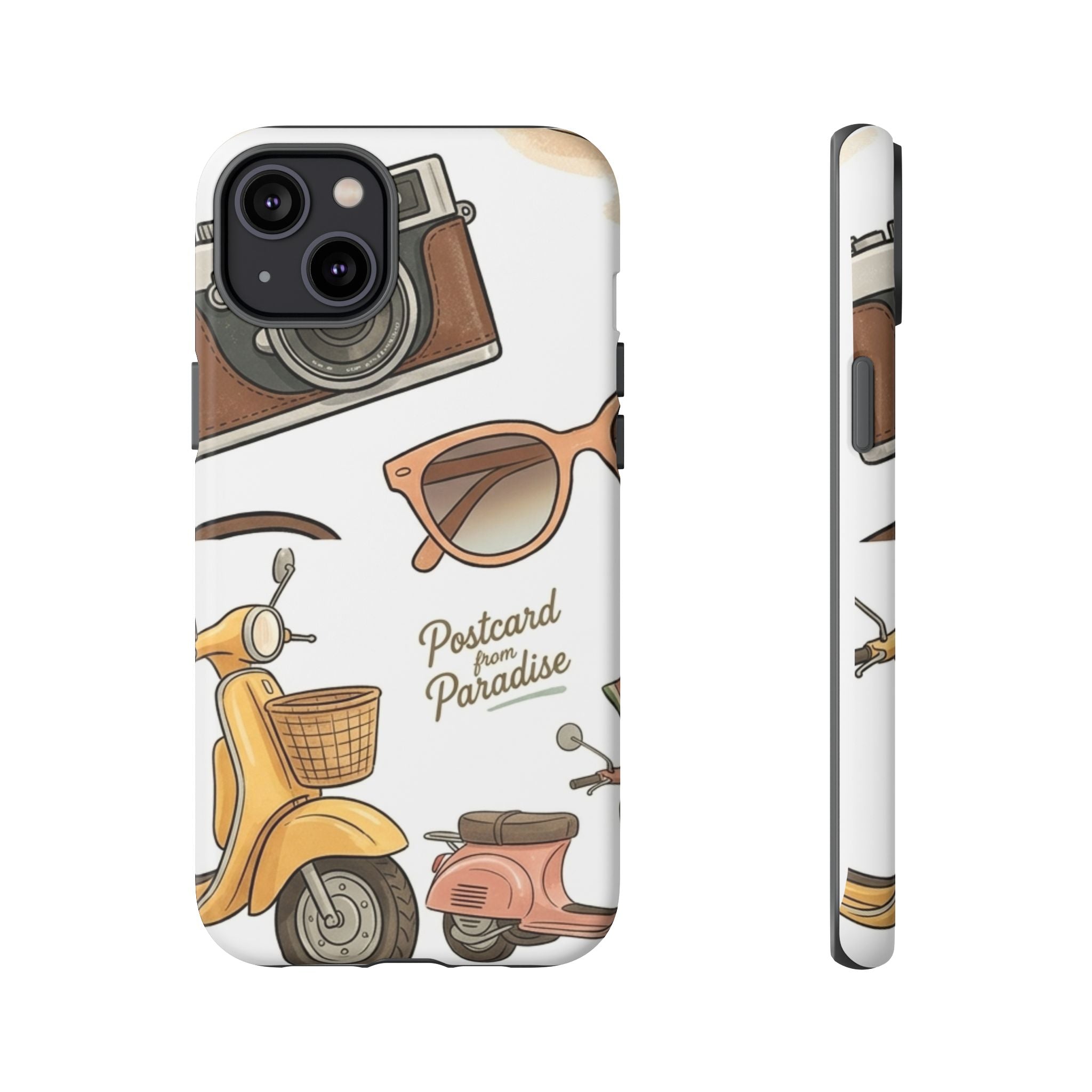 Vintage Summer Beach Phone Case — Feminine Travel Pattern with Cameras, Sunglasses & Scooter