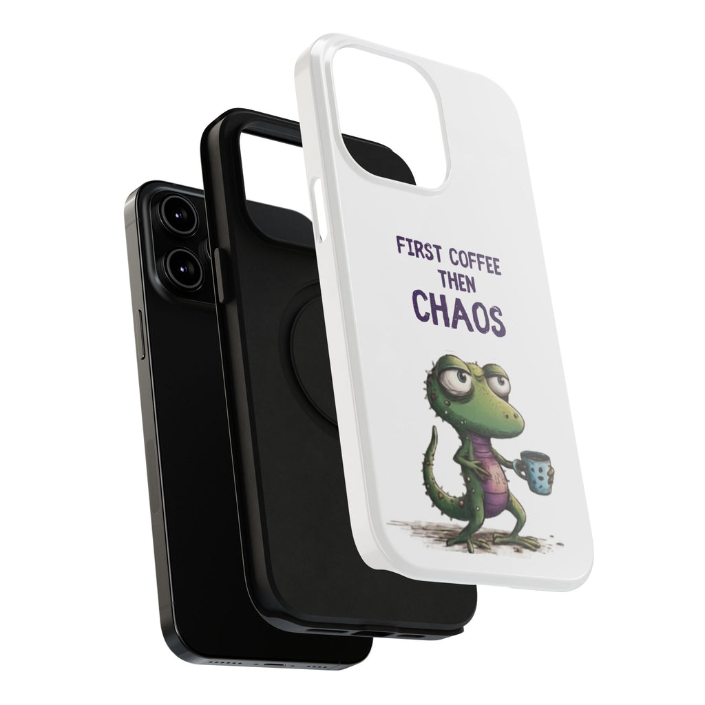Impact-Resistant Phone Case — "First Coffee Then Chaos" Cute Lizard Coffee Design