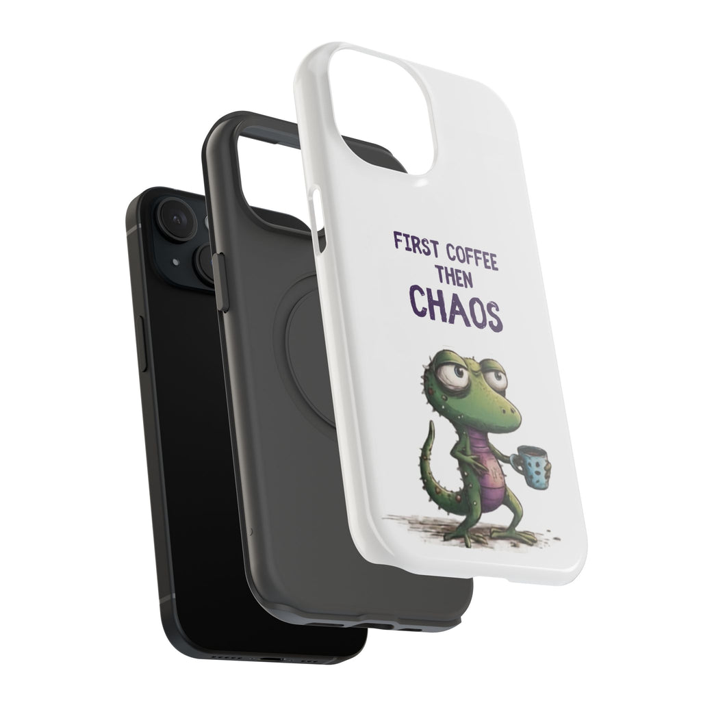 Impact-Resistant Phone Case — "First Coffee Then Chaos" Cute Lizard Coffee Design