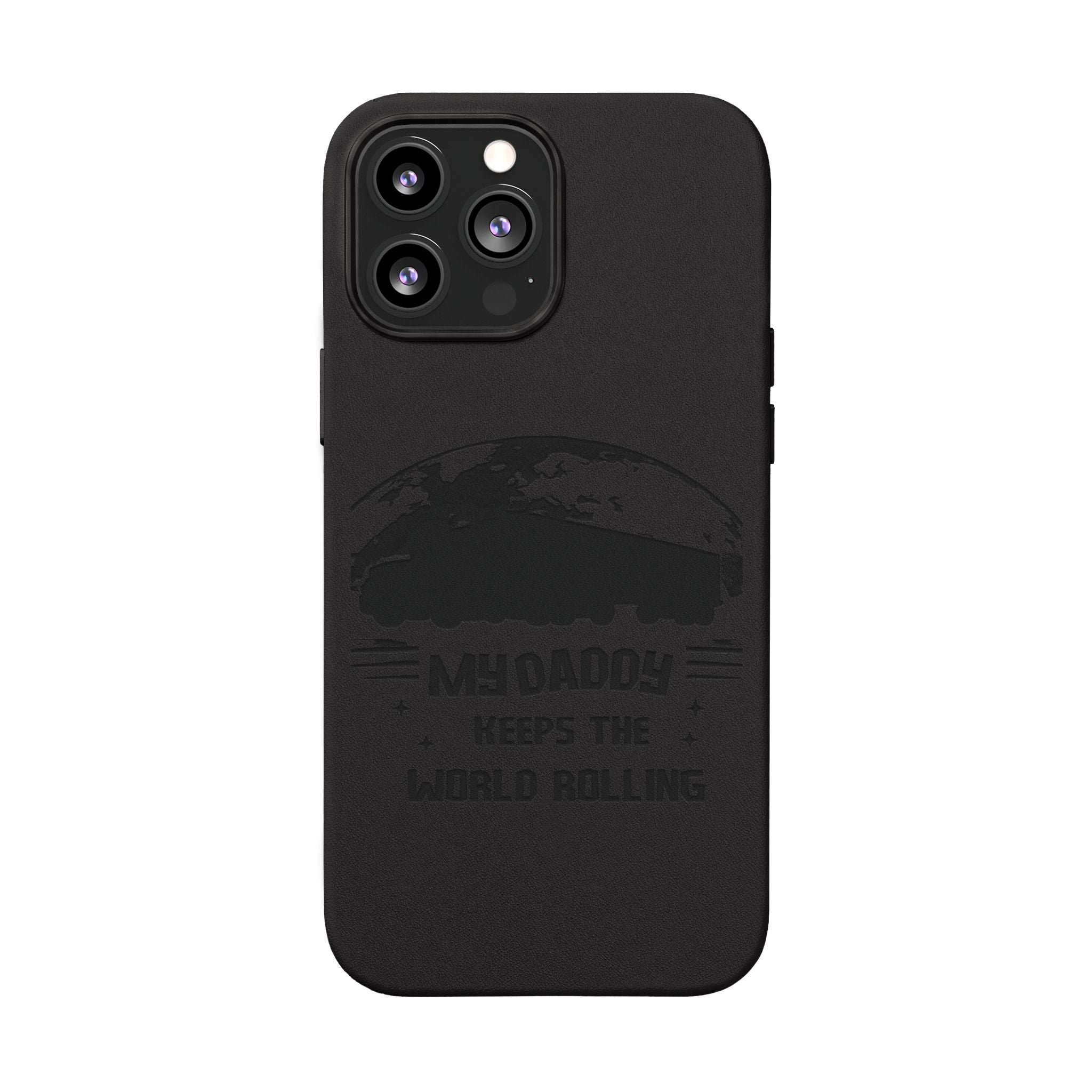 Engraved PU Leather Phone Case — 'Mhdaddy Keeps the World Rolling' Vintage Van Design