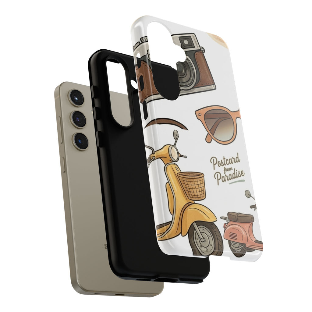 Vintage Summer Beach Phone Case — Feminine Travel Pattern with Cameras, Sunglasses & Scooter