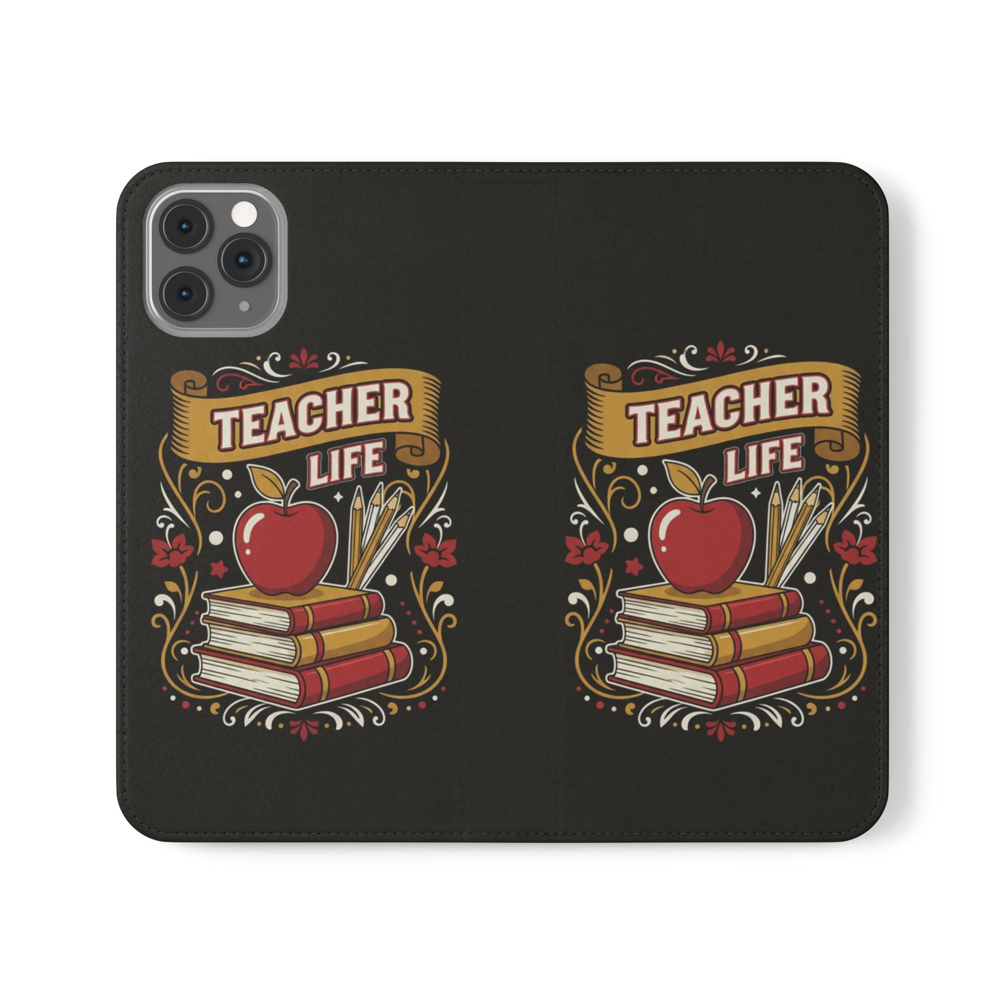 Teacher Life Flip Phone Case – Wallet Folio with Apple & Books Design