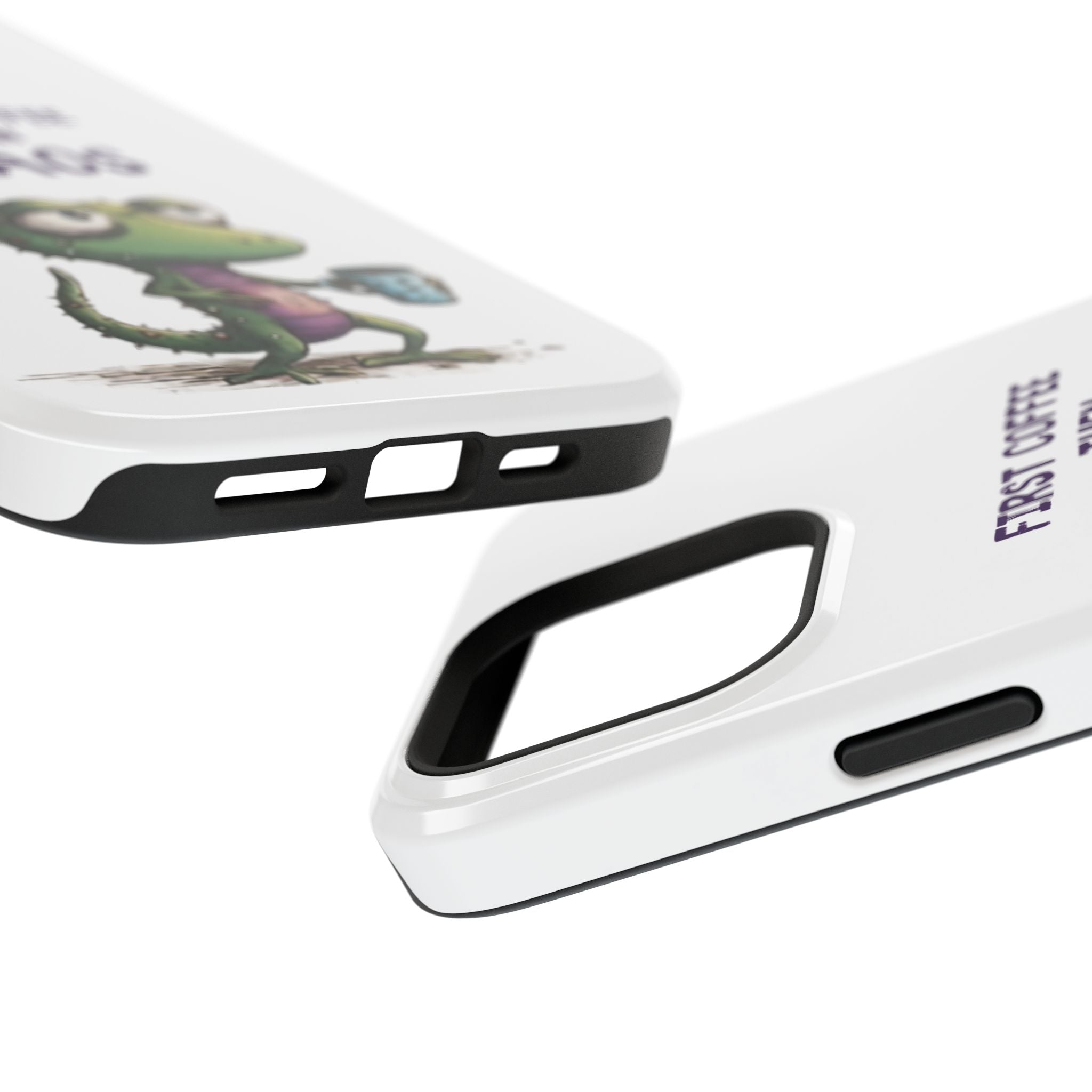 Impact-Resistant Phone Case — "First Coffee Then Chaos" Cute Lizard Coffee Design