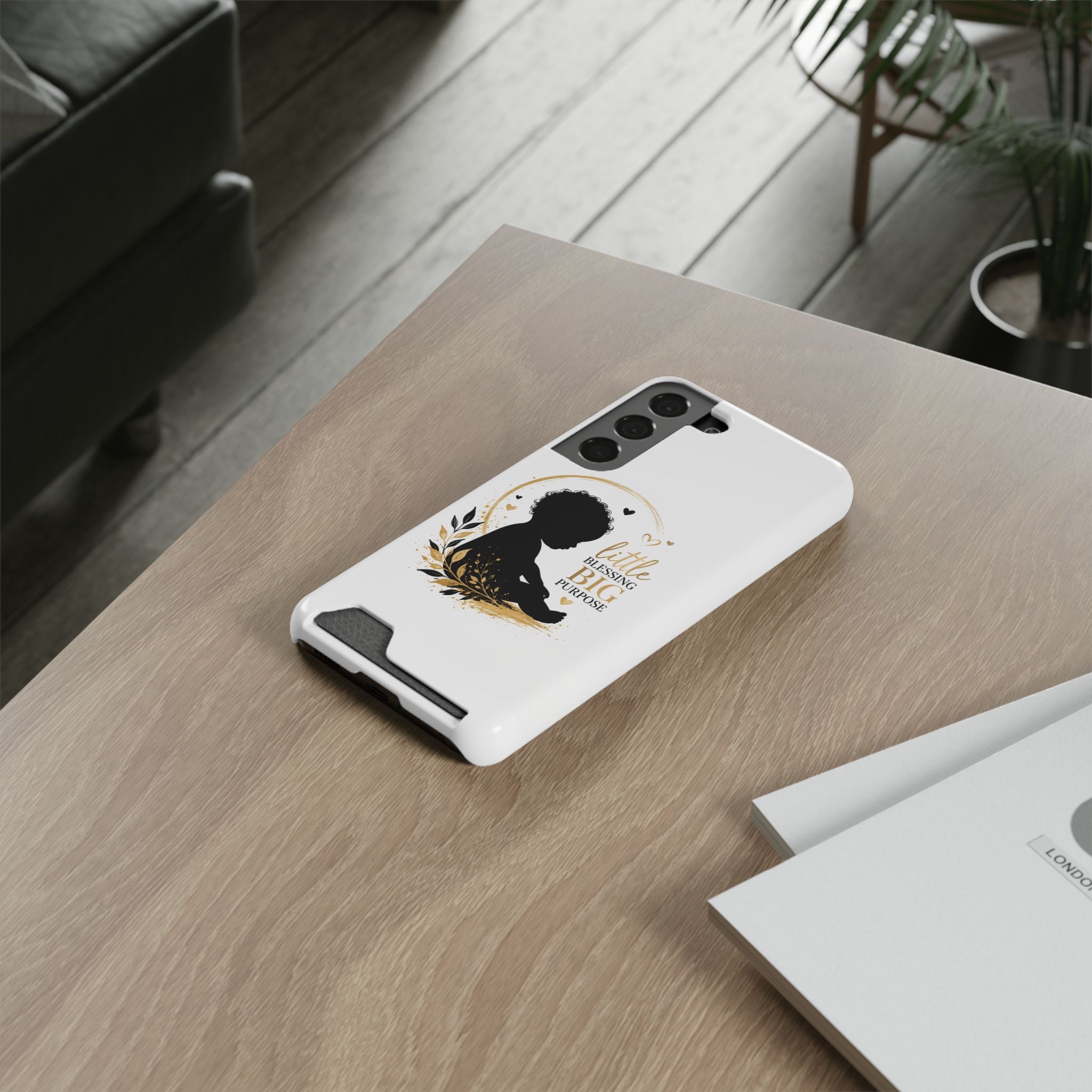 Phone Case with Card Holder — "Little Blessing Big Purpose" Silhouette Baby Design
