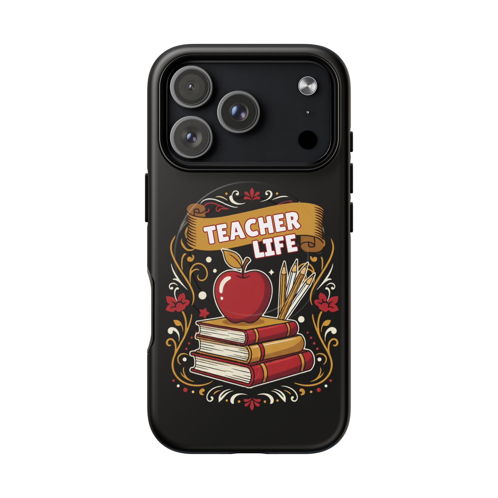 Teacher Life Phone Case - Tough Magnetic Protective Cover with Apple & Books Design