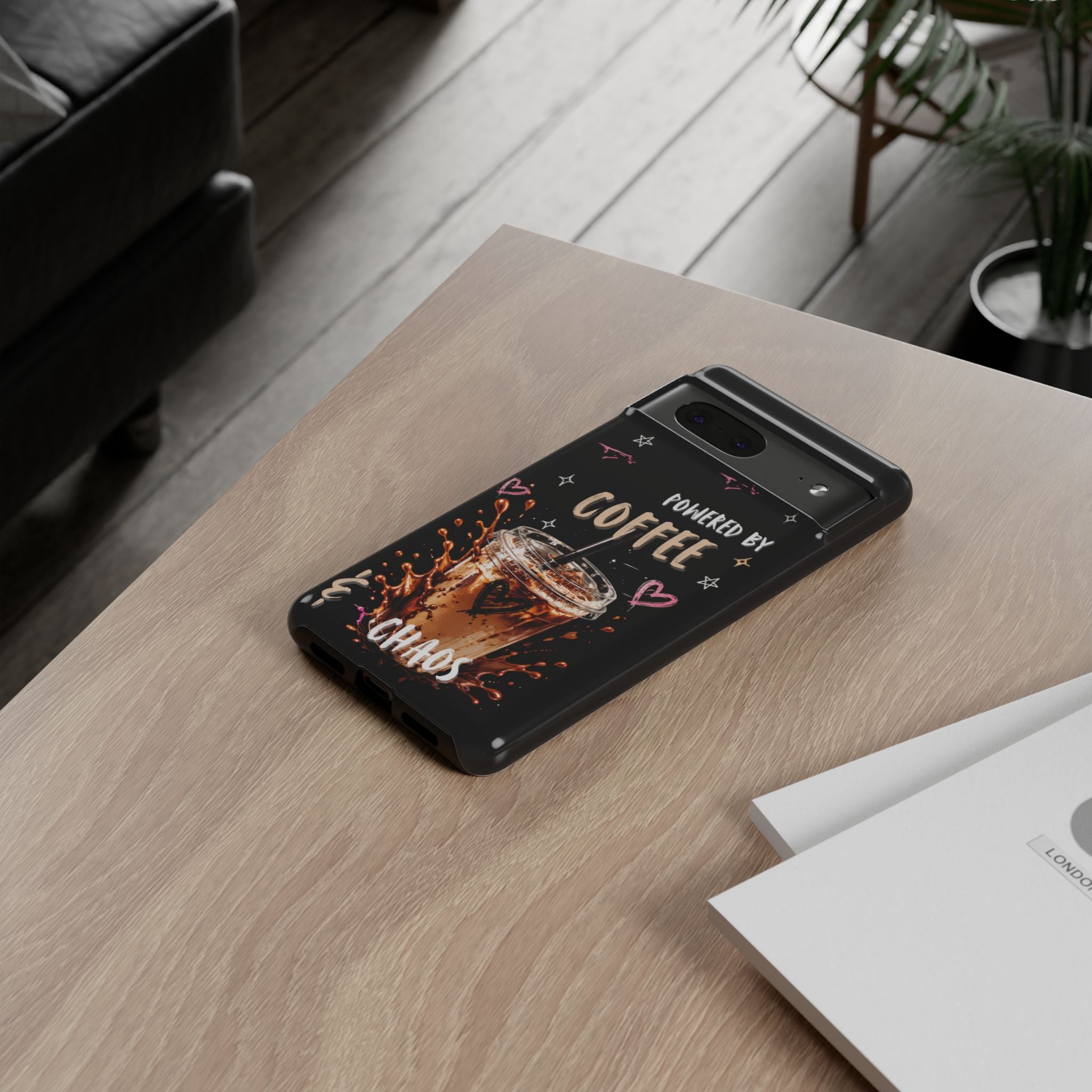 Phone Case — "Powered by Coffee & Chaos" Iced Coffee Protective Cover