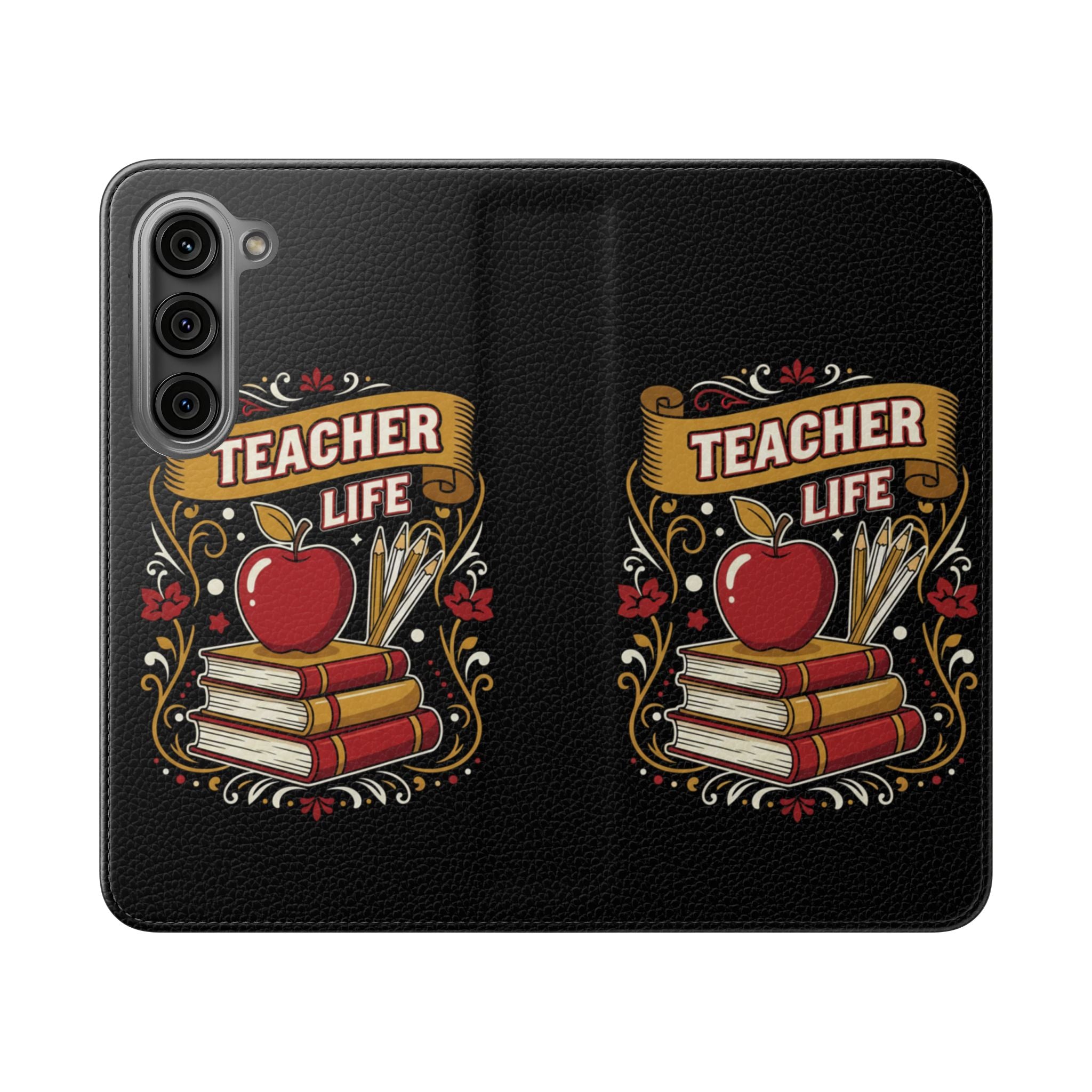 Teacher Life Flip Phone Case – Wallet Folio with Apple & Books Design