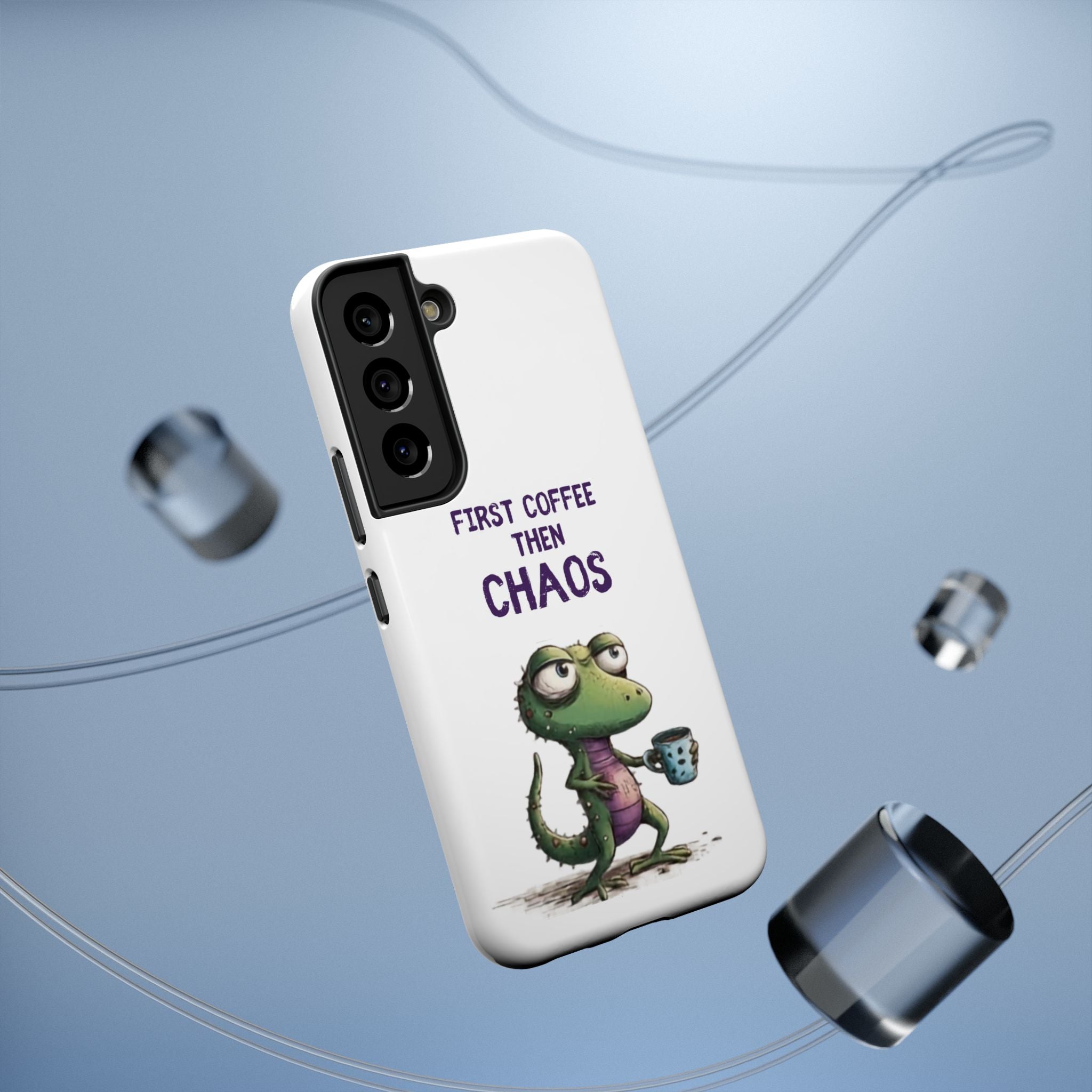 Impact-Resistant Phone Case — "First Coffee Then Chaos" Cute Lizard Coffee Design