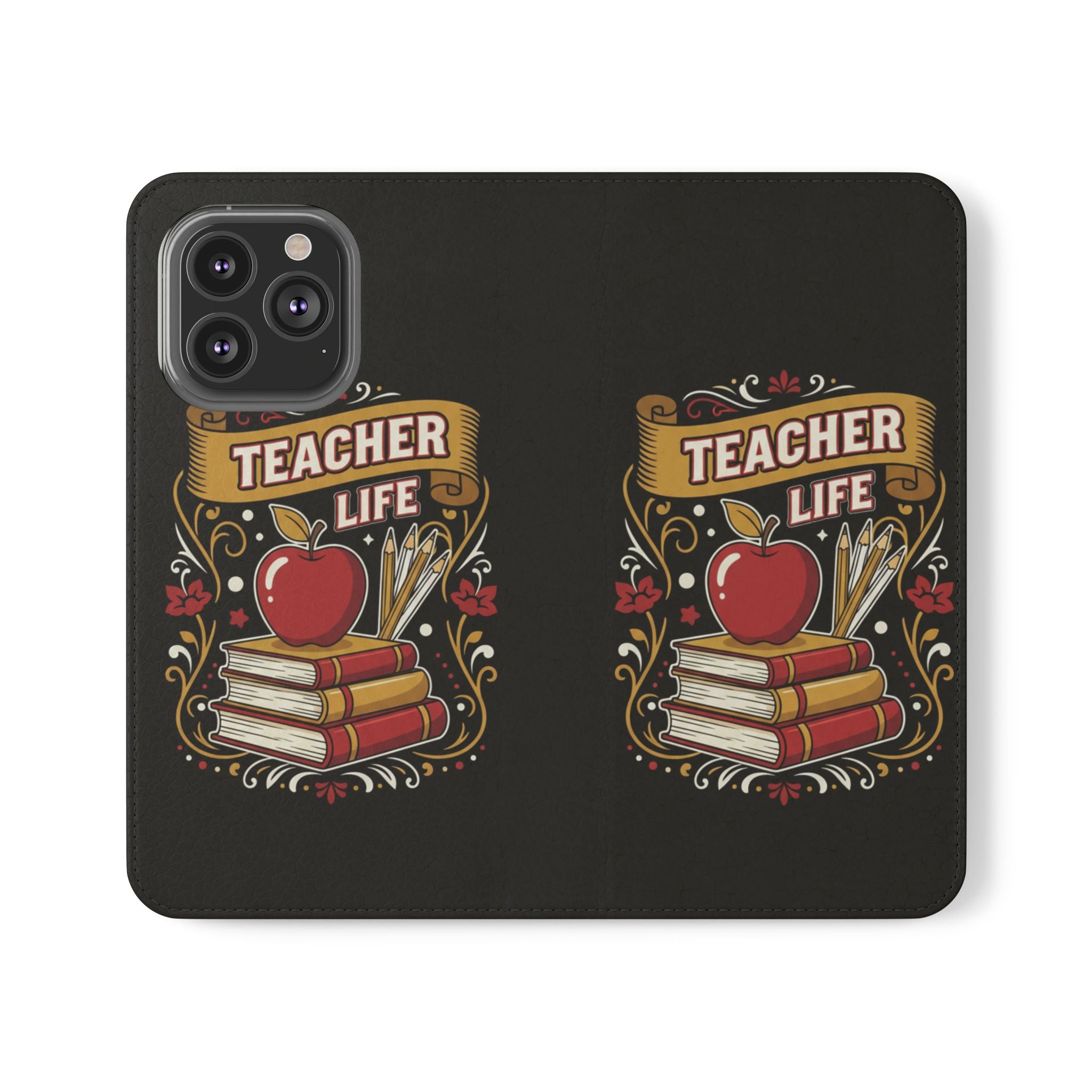 Teacher Life Flip Phone Case – Wallet Folio with Apple & Books Design