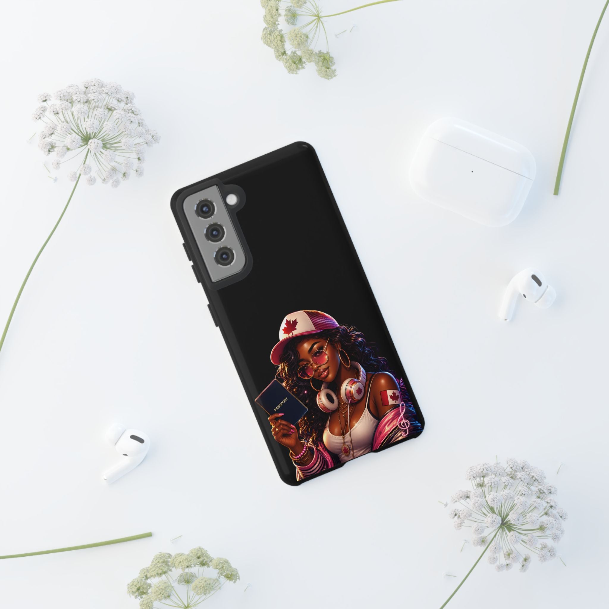 Canadian Vibes Phone Case — Afrobeat Girl with Headphones & Passport Design