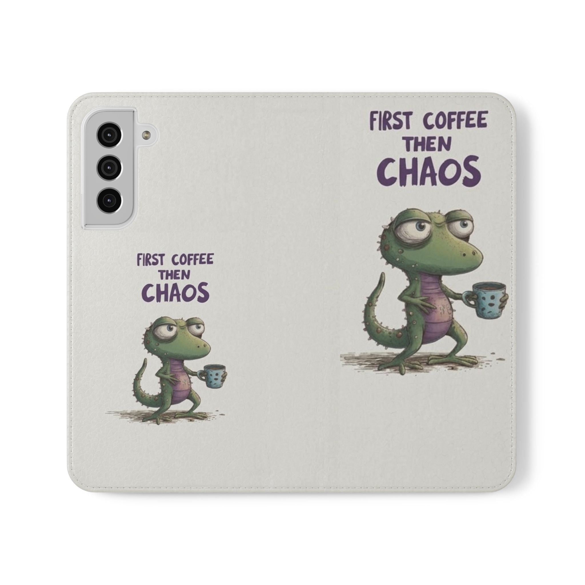 Flip Case — "First Coffee Then Chaos" Cute Dino Phone Wallet