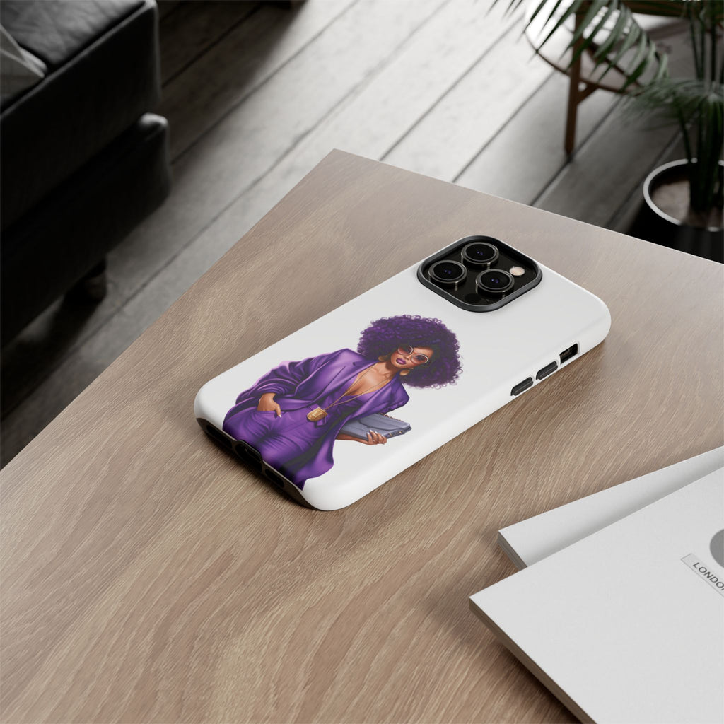 Purple Power Woman Phone Case — Afro Chic Businesswoman Protective Phone Cover