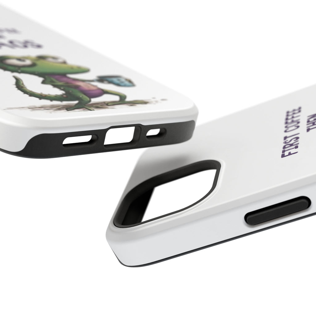 Impact-Resistant Phone Case — "First Coffee Then Chaos" Cute Lizard Coffee Design