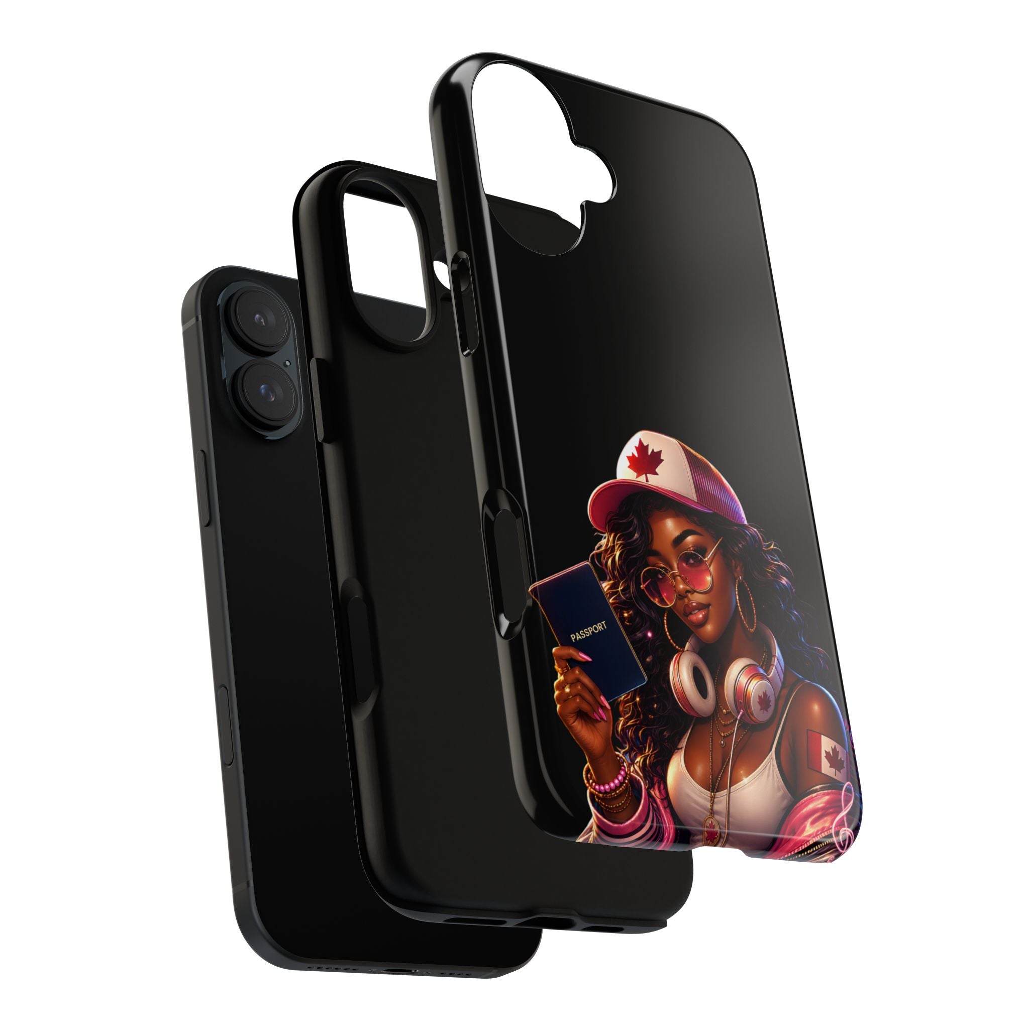 Canadian Vibes Phone Case — Afrobeat Girl with Headphones & Passport Design